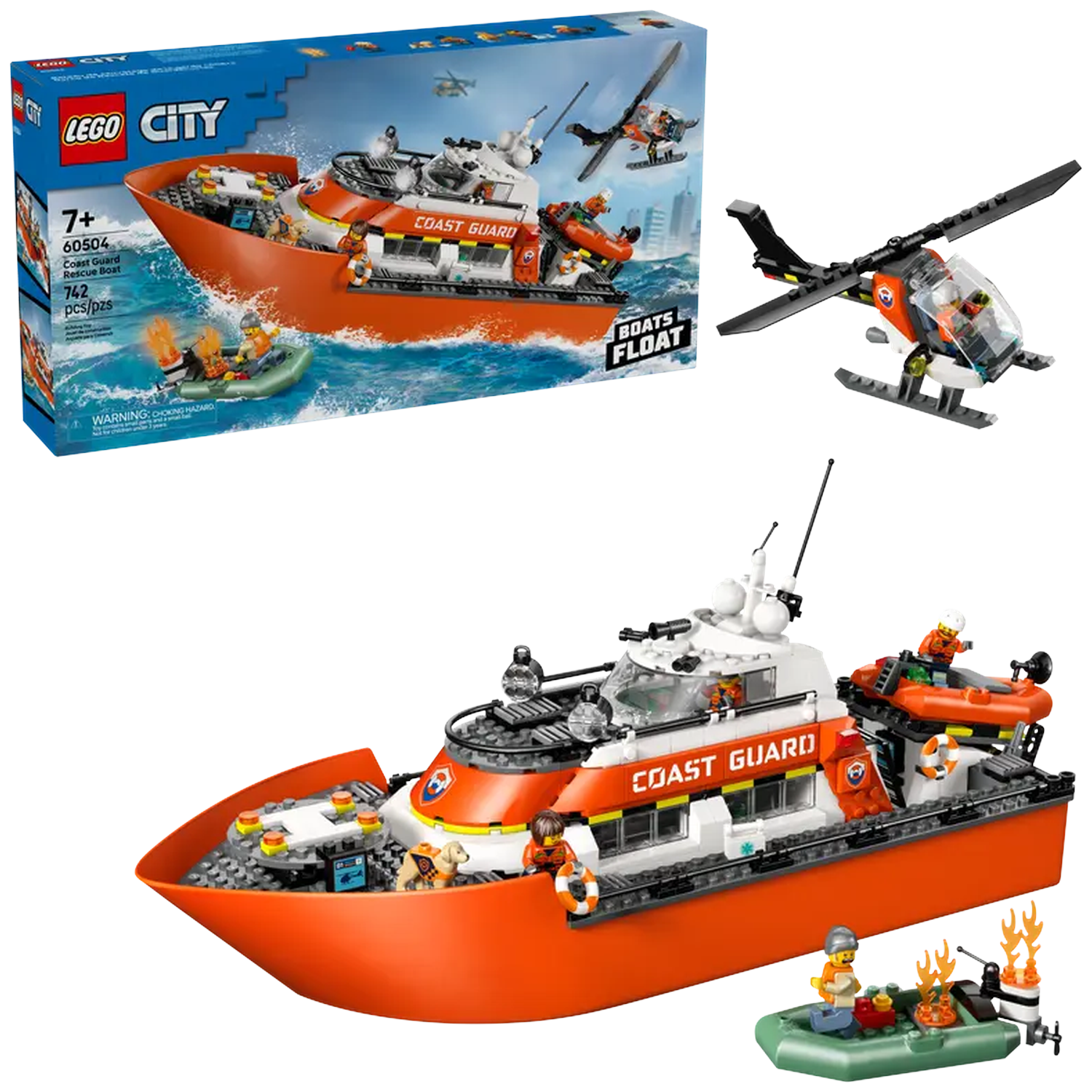 Lego City Coast Guard set. Features an orange rescue boat, helicopter, and small inflatable boat with minifigures. Box art is included.