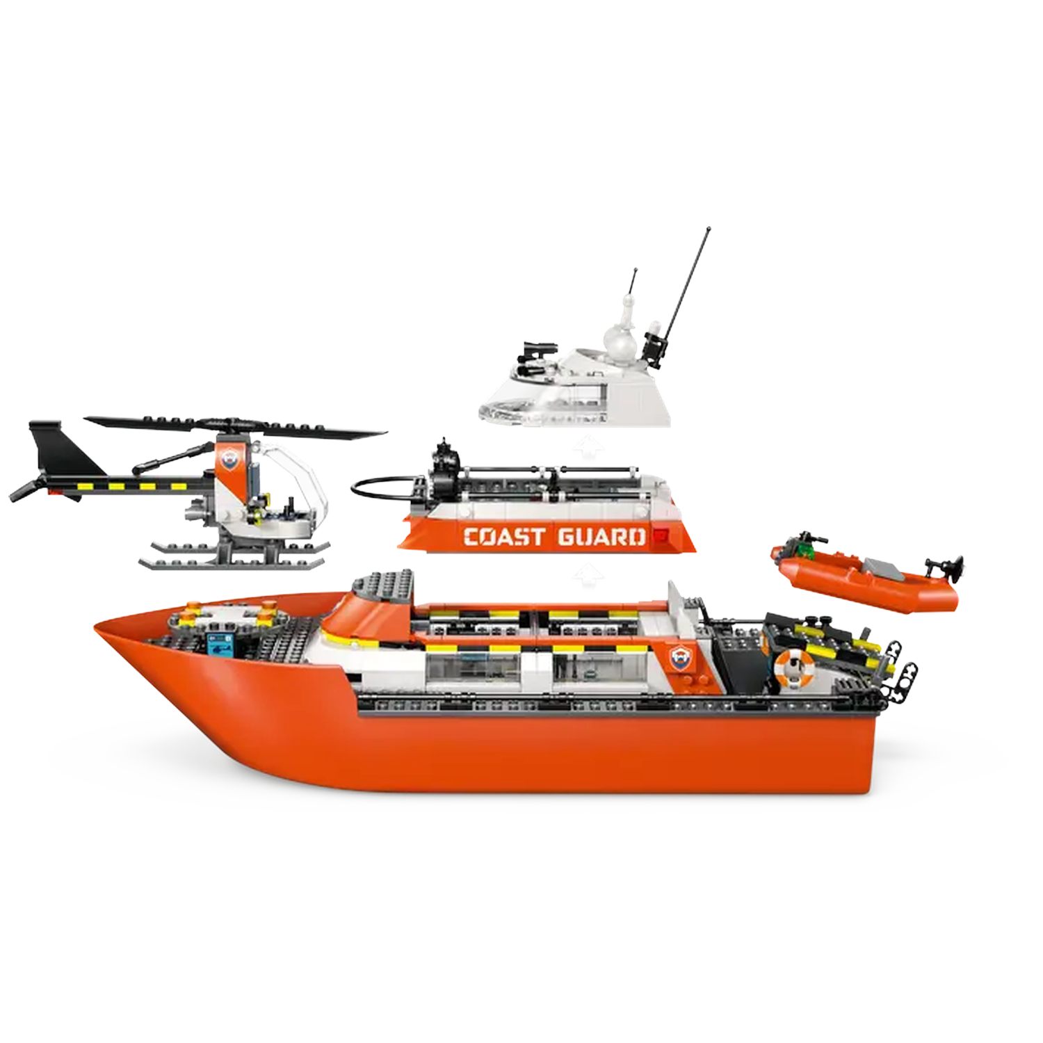 A Lego Coast Guard set. Features an orange boat, helicopter, radar, and a small orange boat. The boat says "Coast Guard".