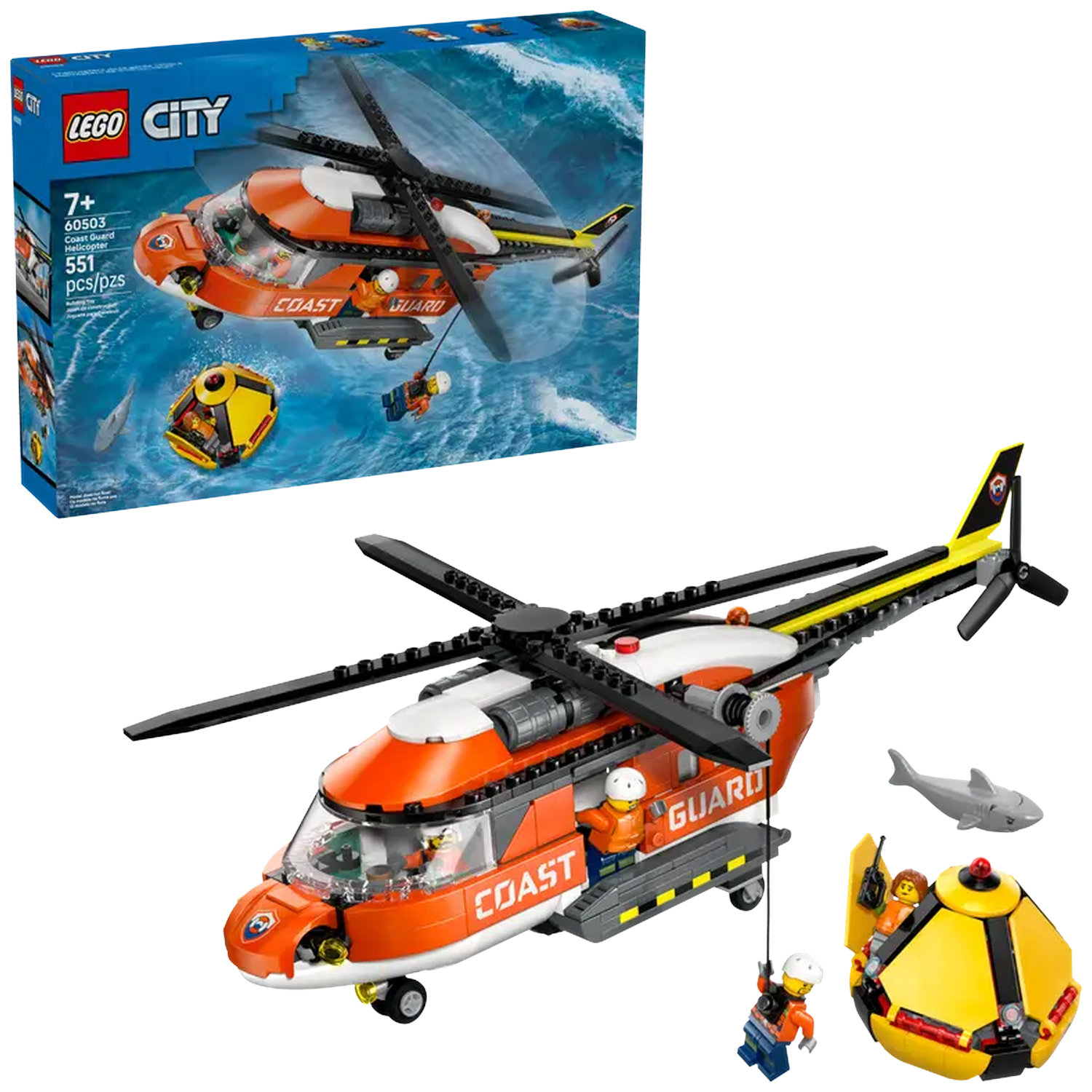 A Lego City Coast Guard helicopter set. It is orange and white with black propellers. There are Lego figures and a yellow rescue pod.