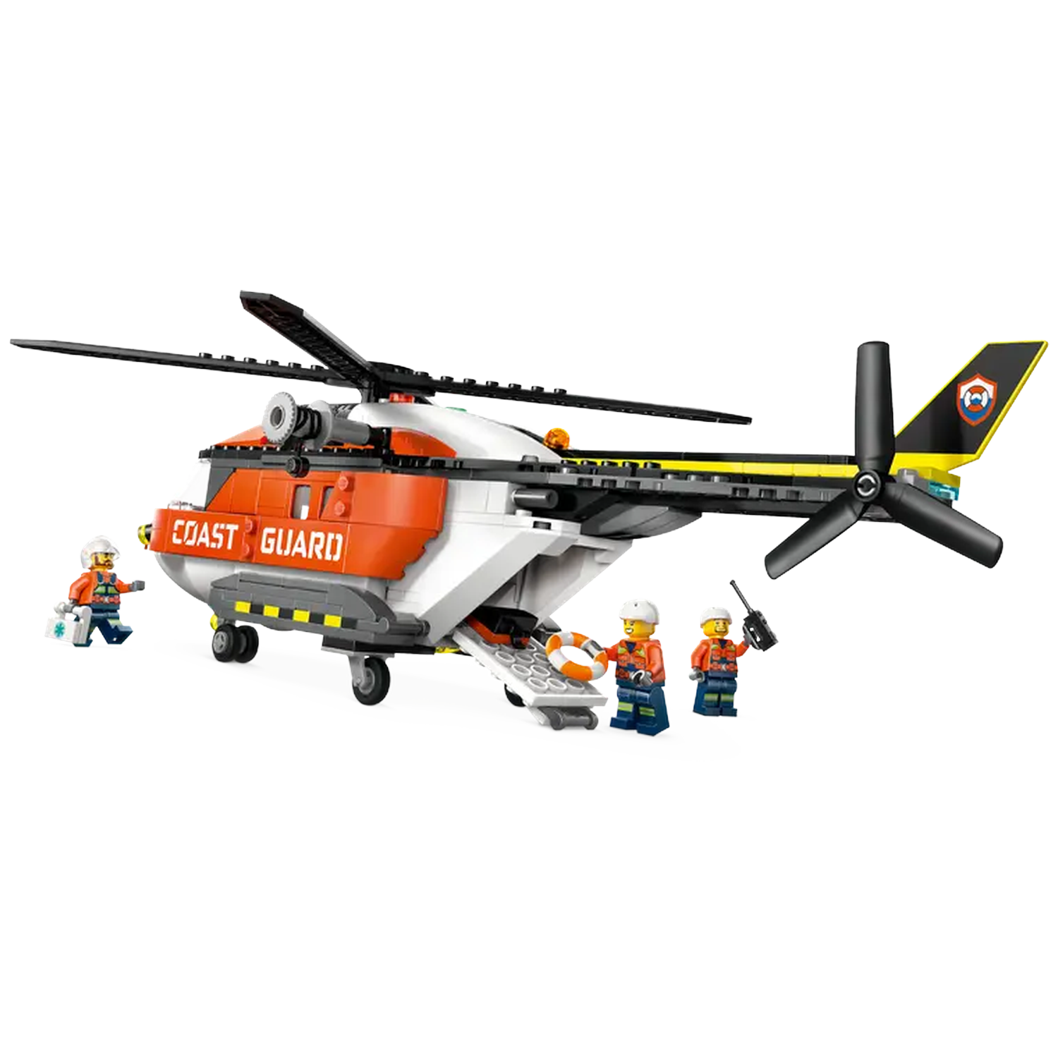 A Lego Coast Guard helicopter with three figures, one with a walkie-talkie, and a rescue ring is deployed. 