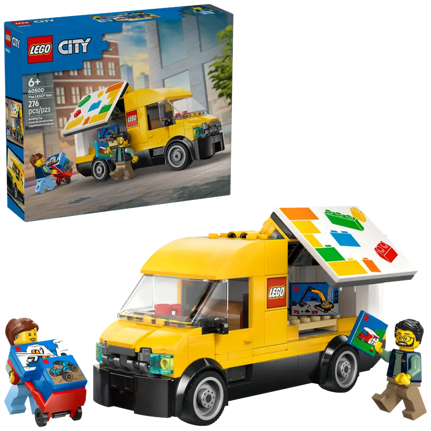 A Lego City set with a yellow van. Lego figures are interacting with the van. The box shows the van in a city scene.