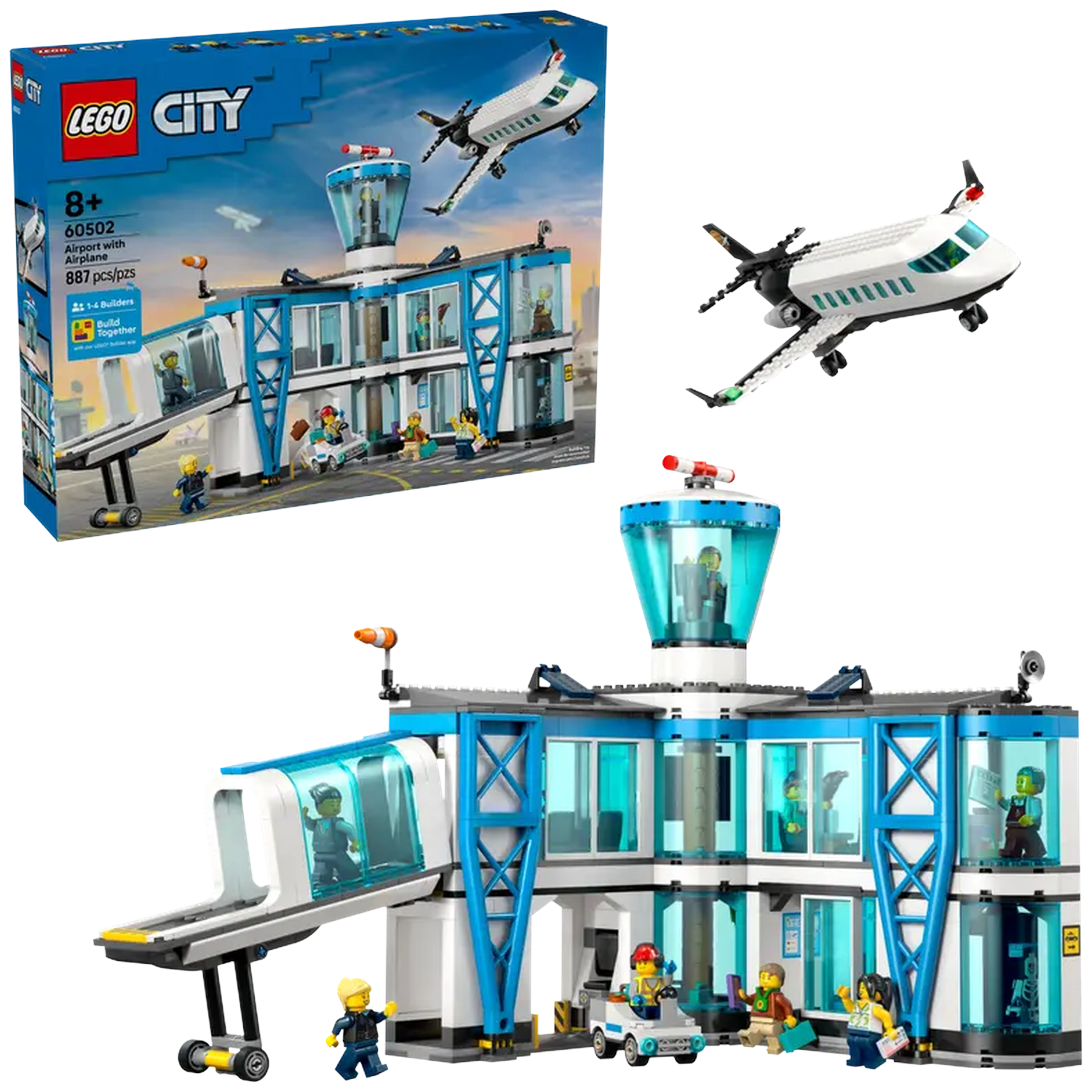 A Lego City airport set. Includes an airplane, control tower, and various minifigures. A box shows the full set.