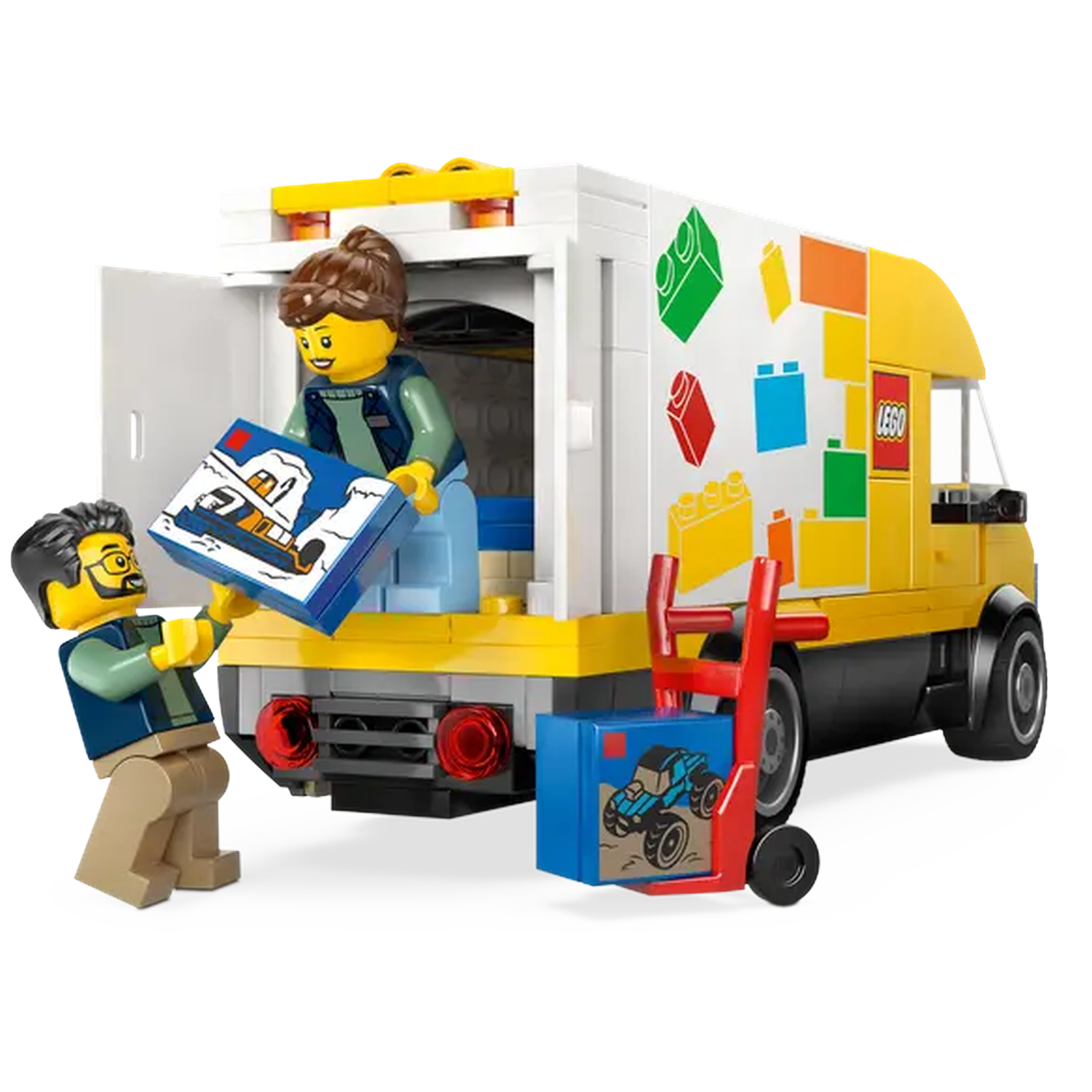 Lego set: Two figures loading boxes into a yellow and white truck. A red hand truck holds a blue box.