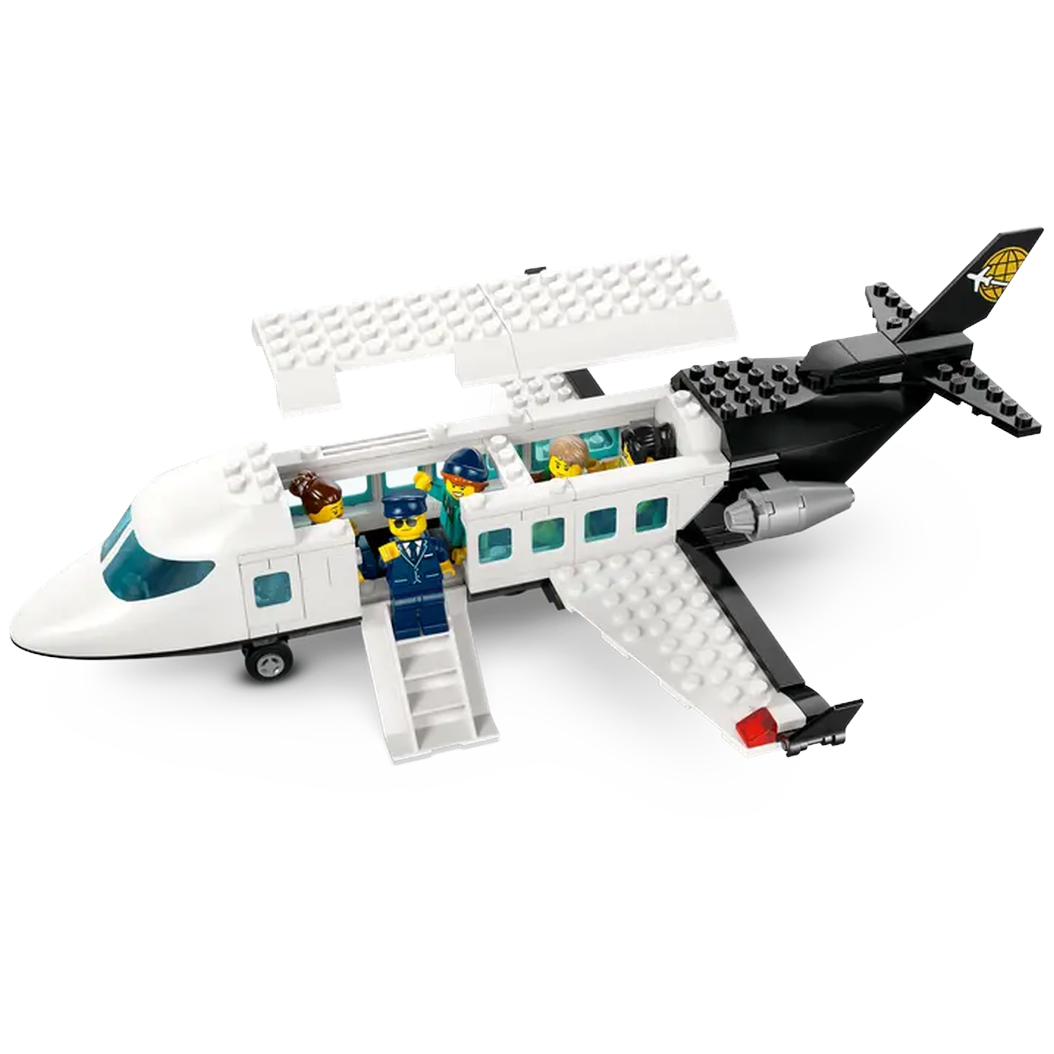 A white Lego airplane with black accents. Figures are inside and a pilot stands on the stairs. The tail has a yellow and black design.