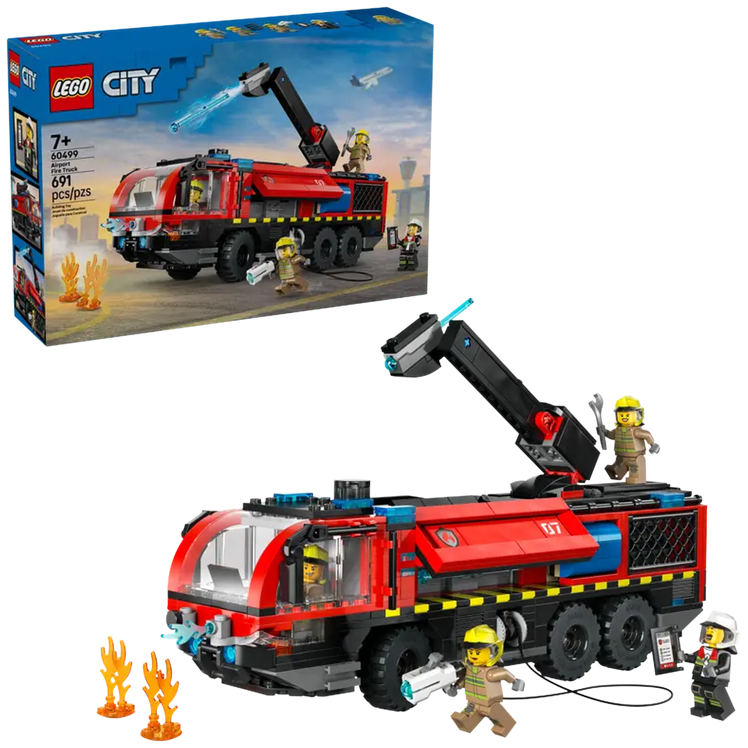 Lego City Airport Fire Truck set. Red truck with black boom. Includes minifigures with helmets and fire. Box shows the same scene.