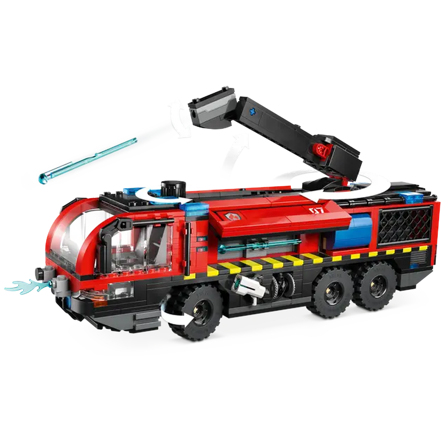 A red and black fire truck toy with a black extending arm and a water cannon. It is a Lego-style toy.