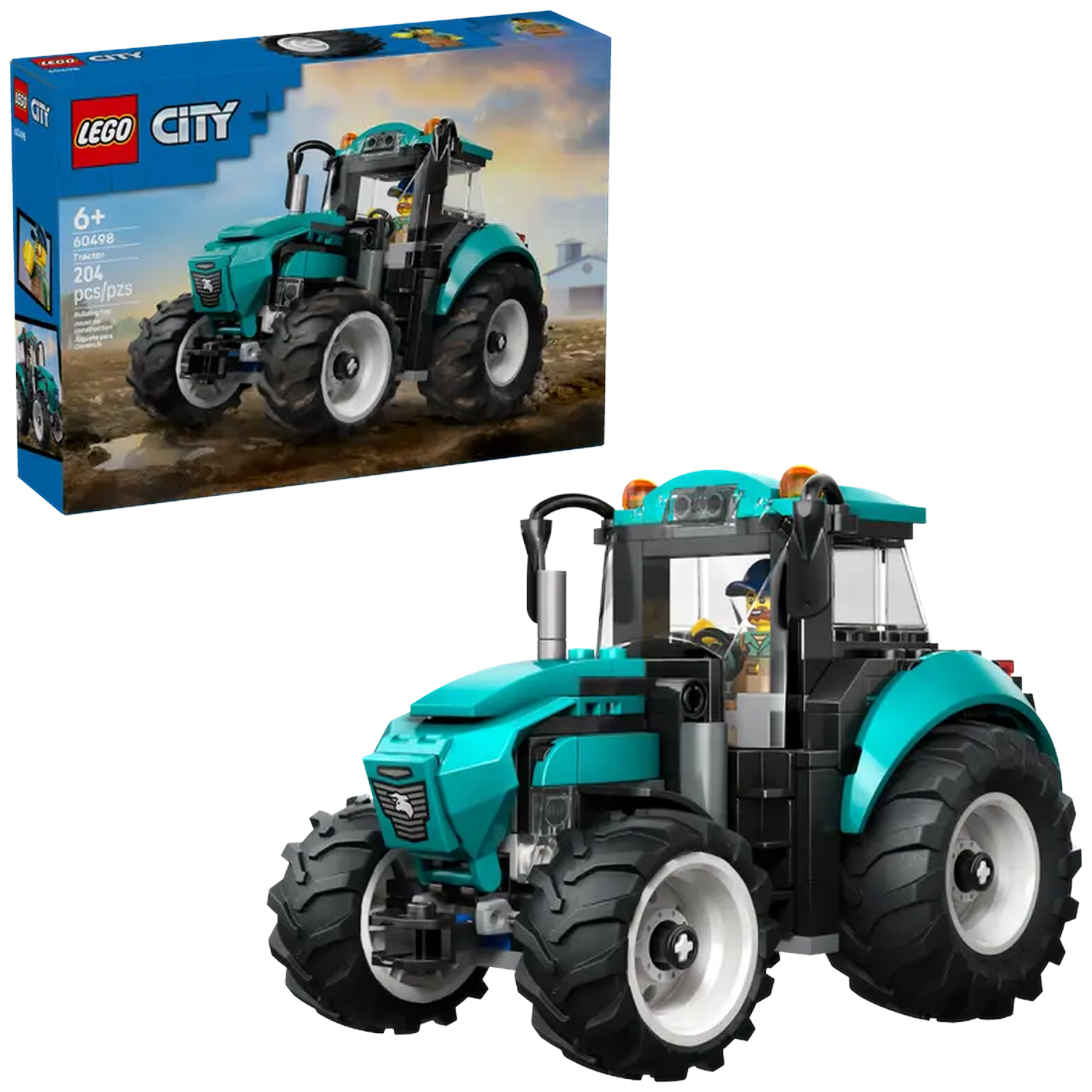 A Lego City tractor set, teal and black. The box shows the tractor on a farm, set includes 204 pieces, age 6+.