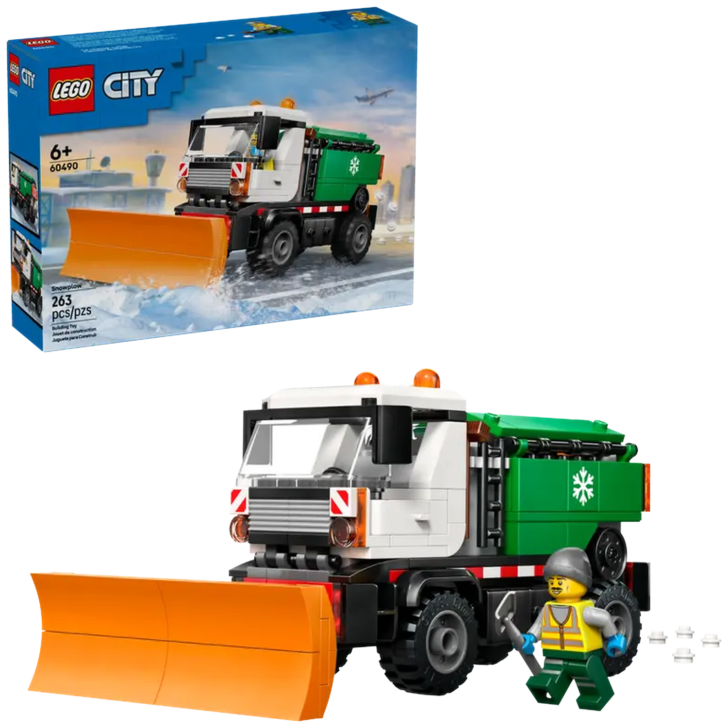 A Lego City snowplow set. The snowplow is white and green. A Lego figure stands near the plow. The box is in the background.
