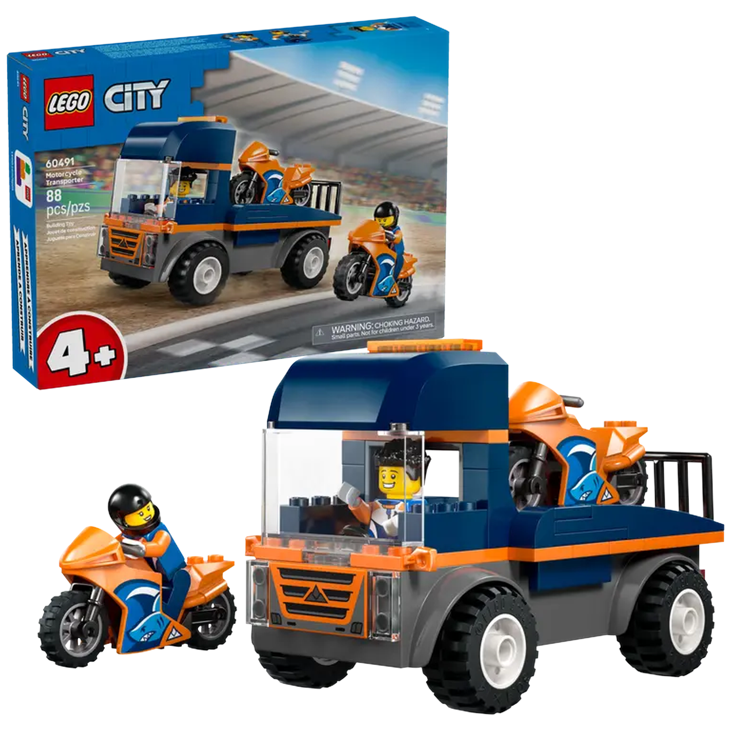 Lego City set showing a blue and orange truck transporting motorcycles and minifigures. The box is also visible.