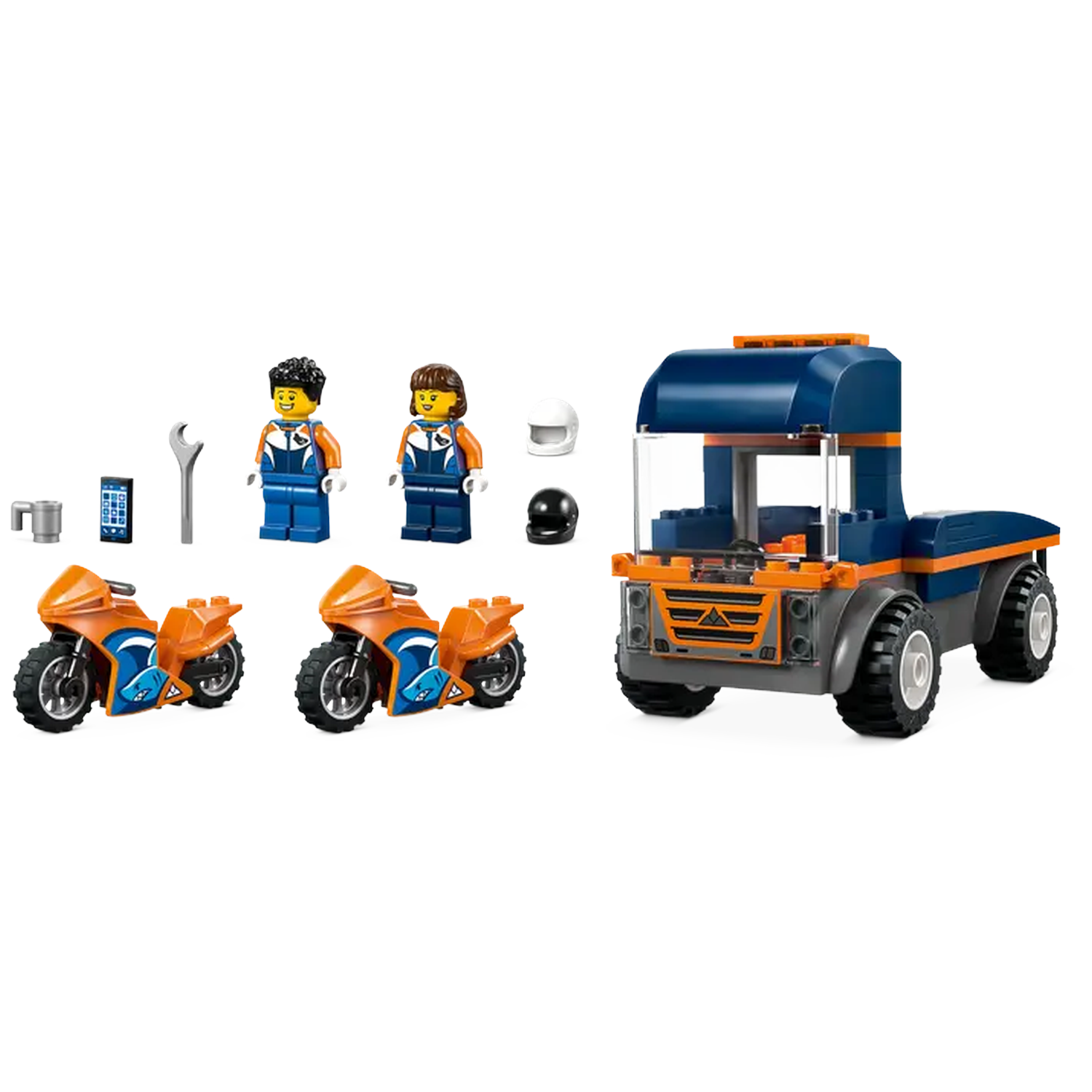 A Lego set with a truck, two motorcycles, two minifigures, tools, and helmets. The truck is blue and orange. The bikes are orange.