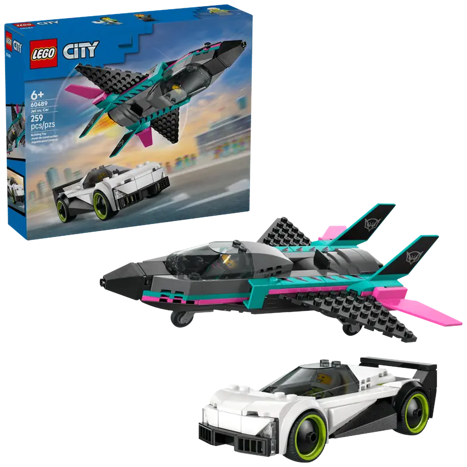 A Lego set box and assembled models of a black and teal jet and a white sports car with green rims.