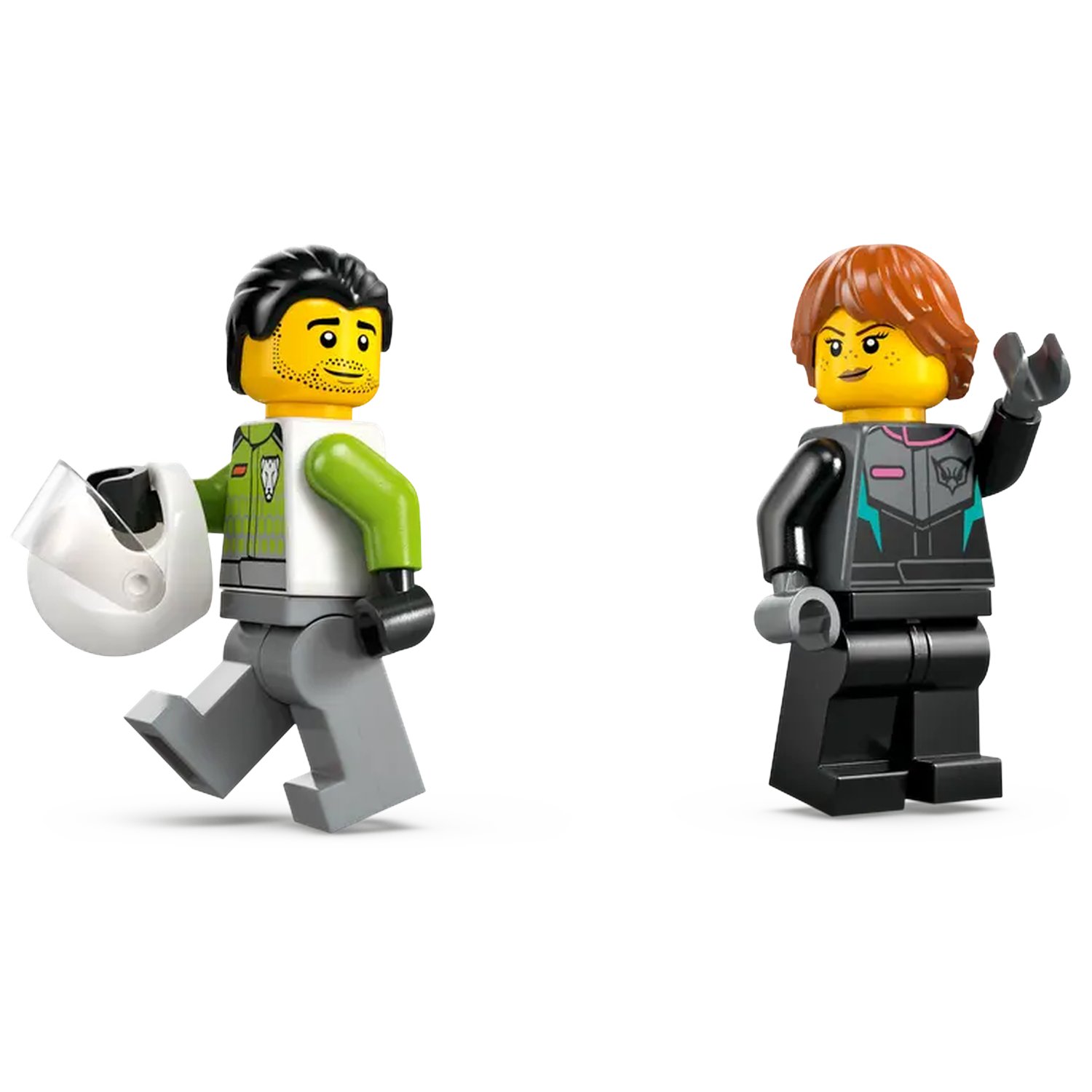 Two Lego figures: a man holding a helmet and a woman waving. The man has black hair, the woman has red hair. Both are smiling.
