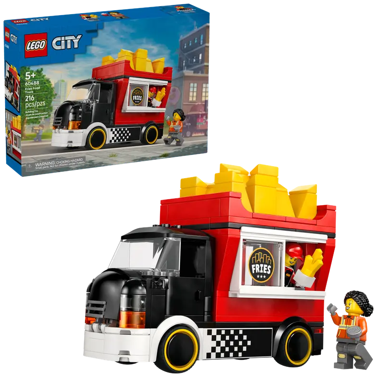 Lego City Fries Food Truck. Red and black truck with yellow fries on top. A Lego figure stands nearby. A box is shown.