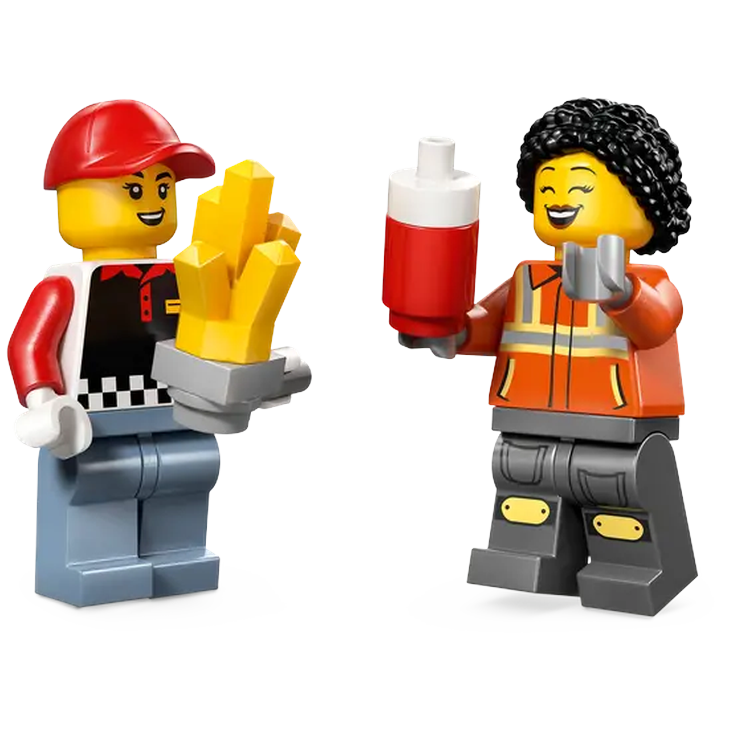 Two Lego figures. One holds fries, the other a red and white bottle. Both figures are smiling.