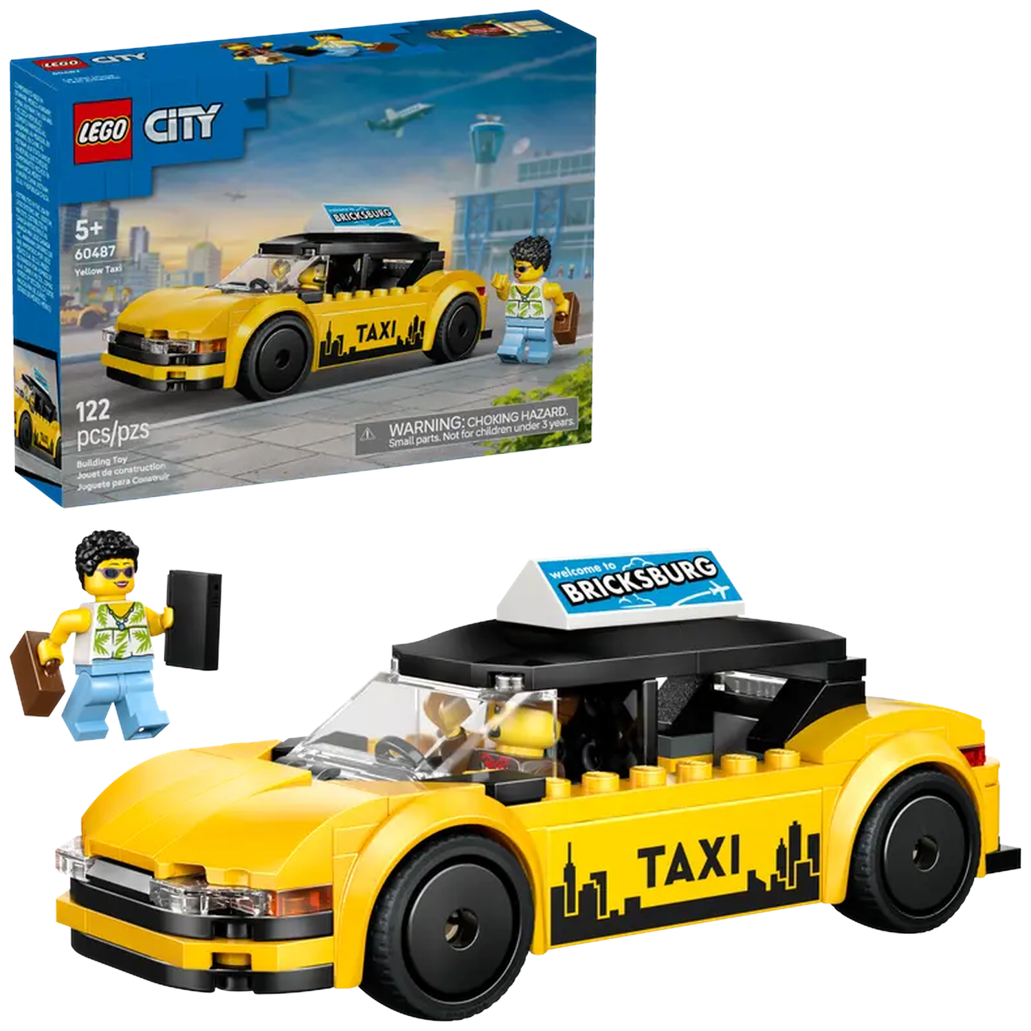 A Lego set of a yellow taxi cab with a 'Brickburg' sign. Includes Lego figures, and a box with the set details.
