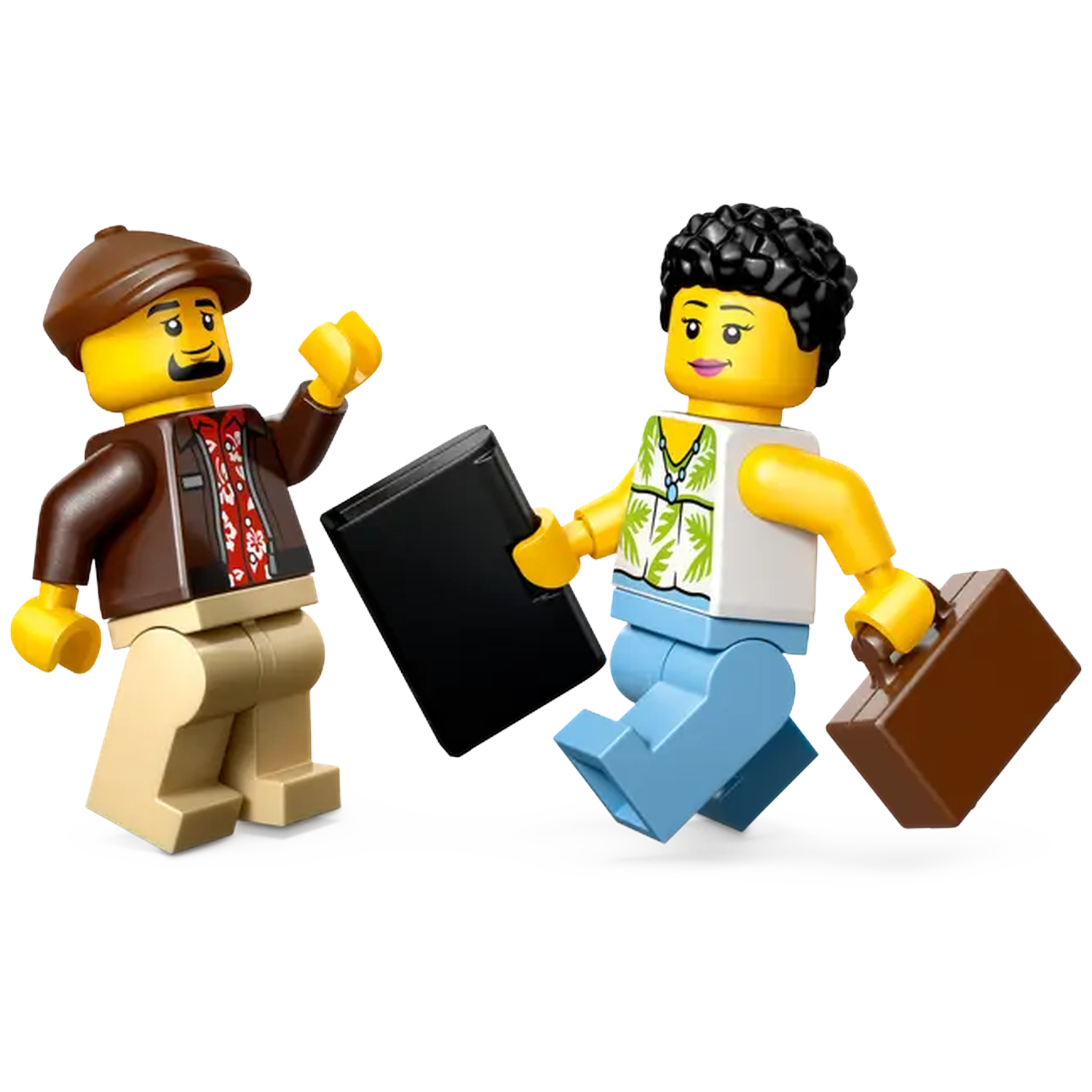 Two Lego figures interact. One holds a briefcase and the other a black book. They are on a white background. 