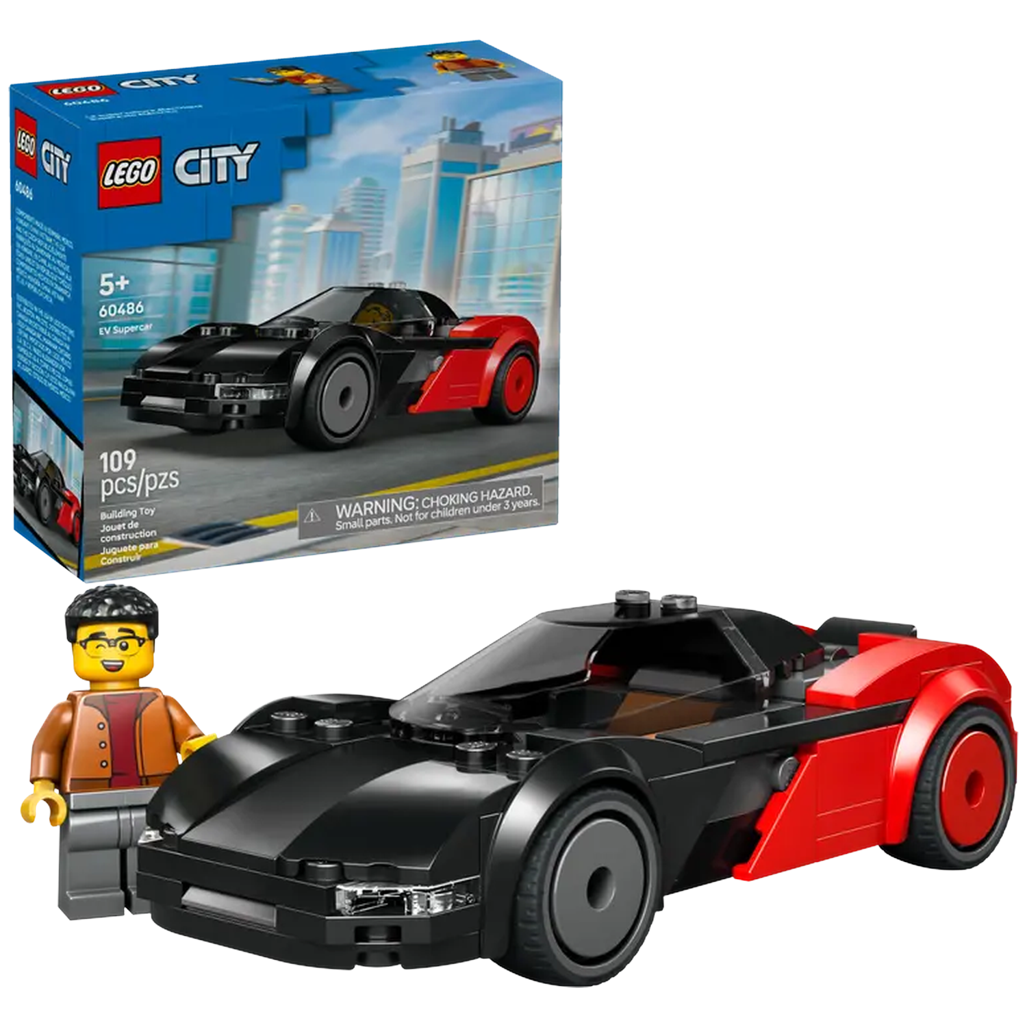 Een Lego-set met een zwarte en rode EV Supercar, een Lego-figuur en de doos. De auto is strak met grijze wielen.