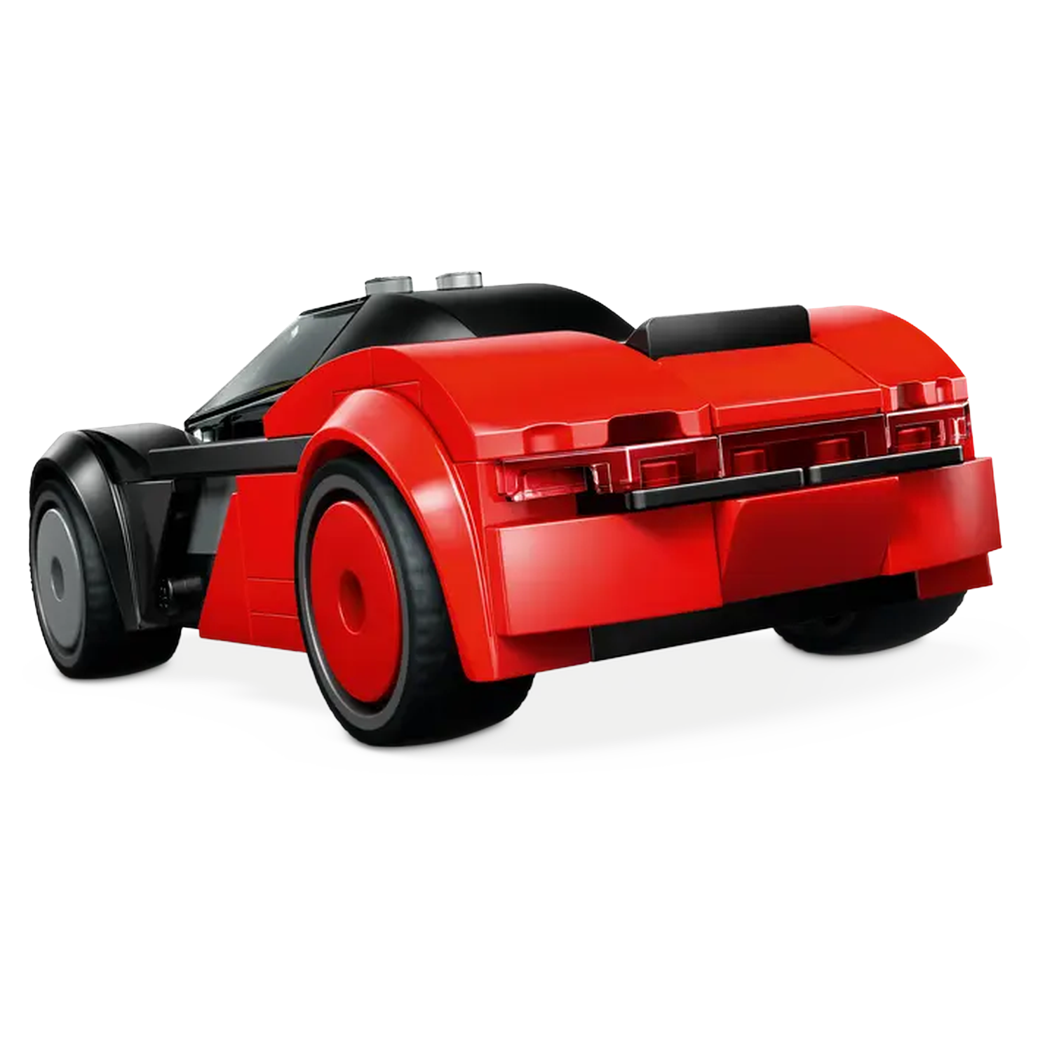 Een rood-zwarte speelgoedauto, van achteren bekeken. De auto heeft grote rode wielen, een zwart dak en is gemaakt van plastic blokken.