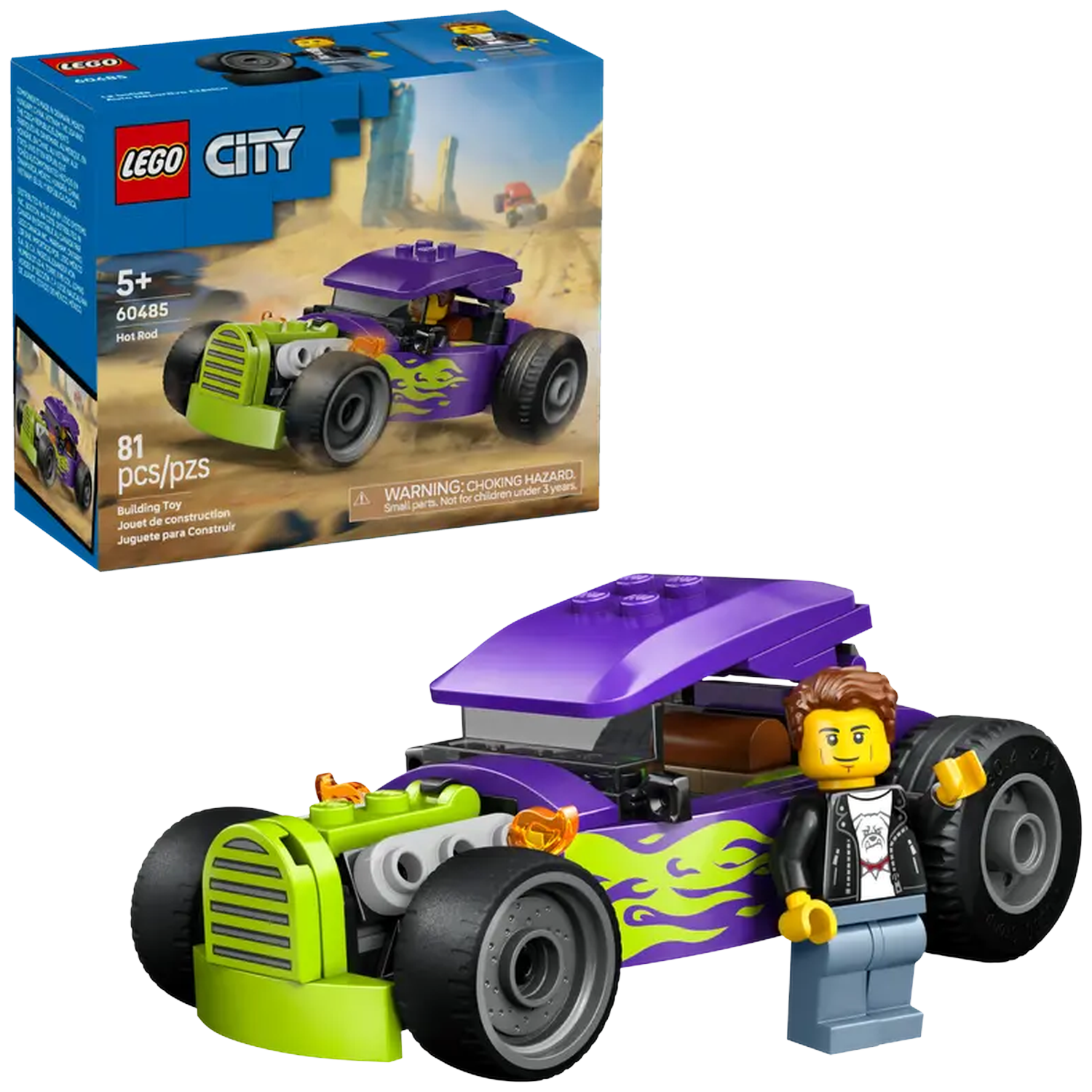 A Lego City Hot Rod set. It features a purple and green car with flames, a minifigure, and the box in the background.