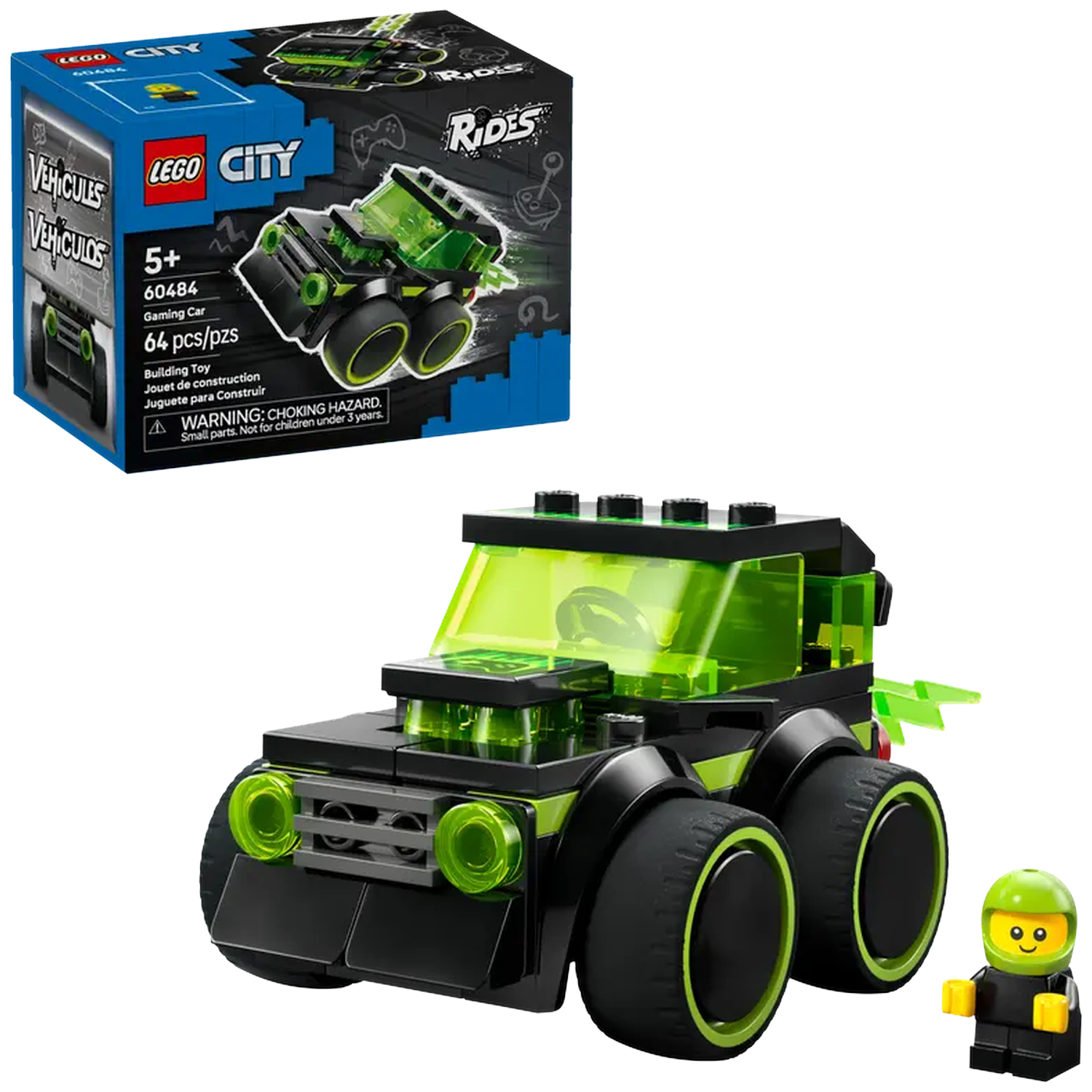 A Lego City Gaming Car set. The set includes a black and green car, a minifigure, and a box with the set's image.