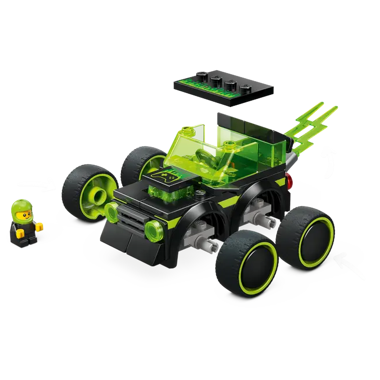 A black and green toy car with a minifigure and a black plate on top. The car has green accents and lightning bolts.