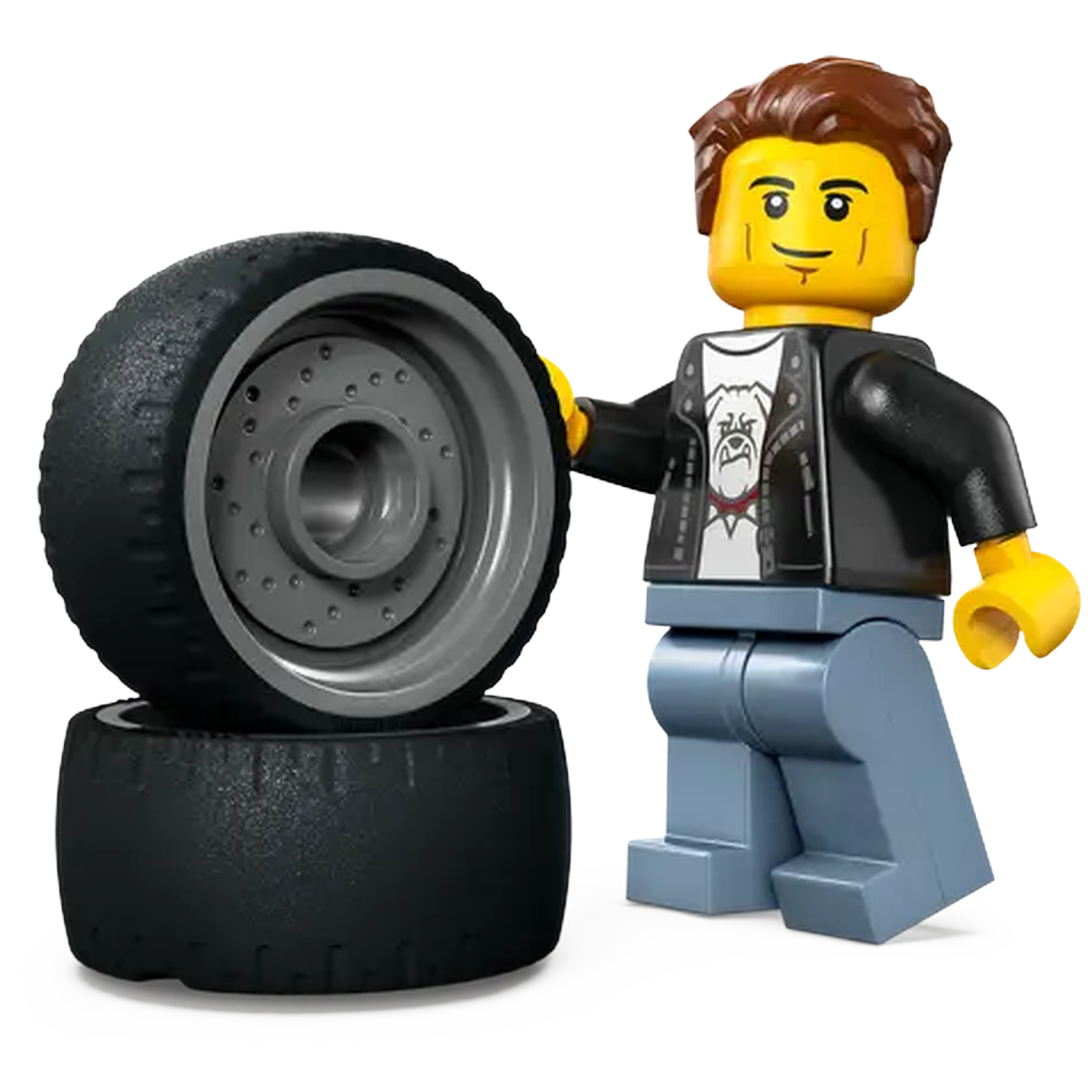 A Lego figure with a black jacket and a bulldog shirt stands next to two black tires. The figure has brown hair and yellow skin.