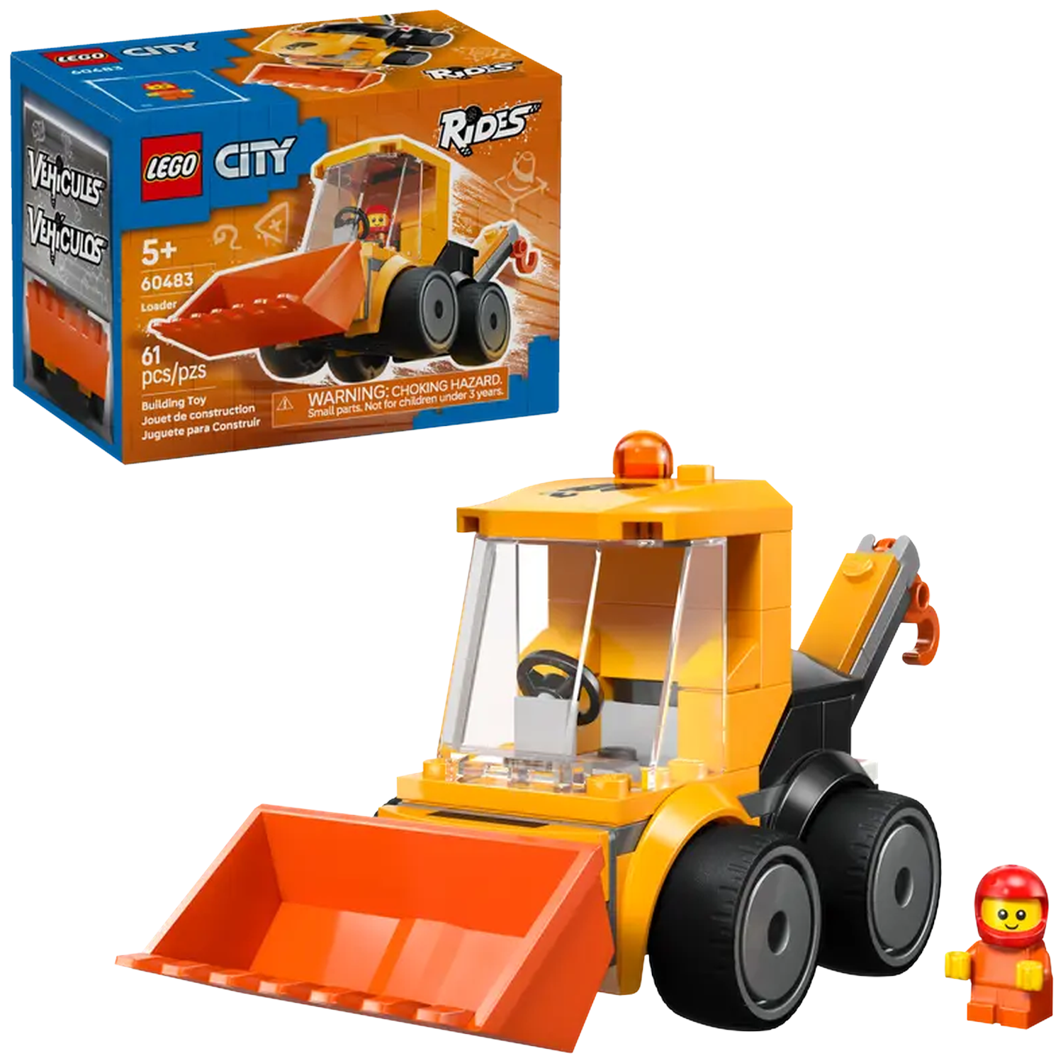 A Lego City loader set. The box shows the loader. The set includes a yellow and orange loader toy, a Lego figure, and the box.