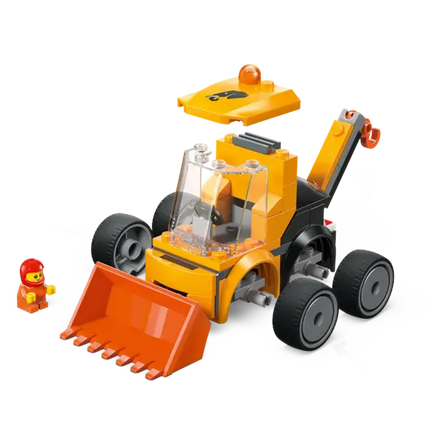 A Lego construction set of an orange and black front loader with a small Lego figure.