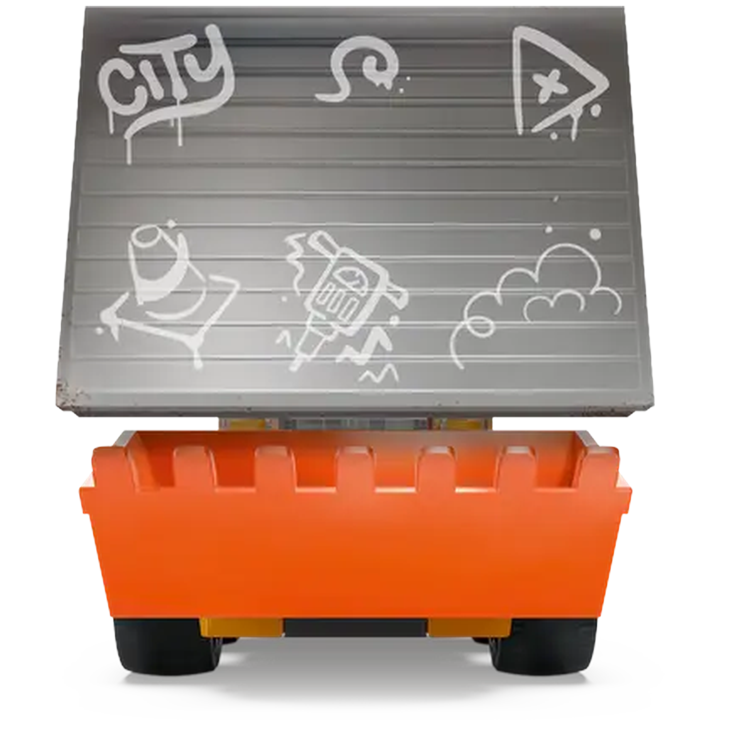 An orange toy truck with a gray roof and black tires. The roof has graffiti. The truck bed is orange.