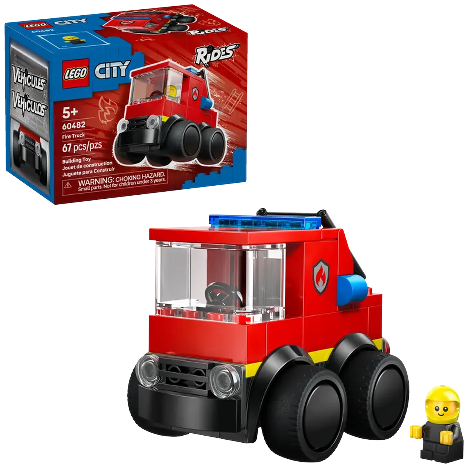 A Lego City fire truck toy, red with black wheels, a box, and a minifigure. The box says 'Fire Truck'.
