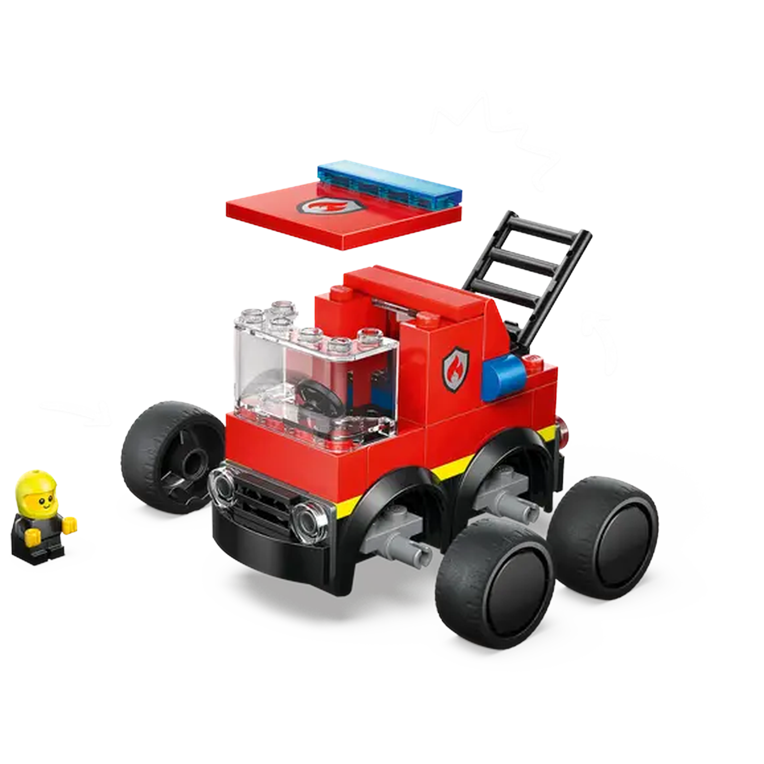 A red Lego fire truck with black wheels, a ladder, and a yellow-helmeted minifigure stand on a white background.