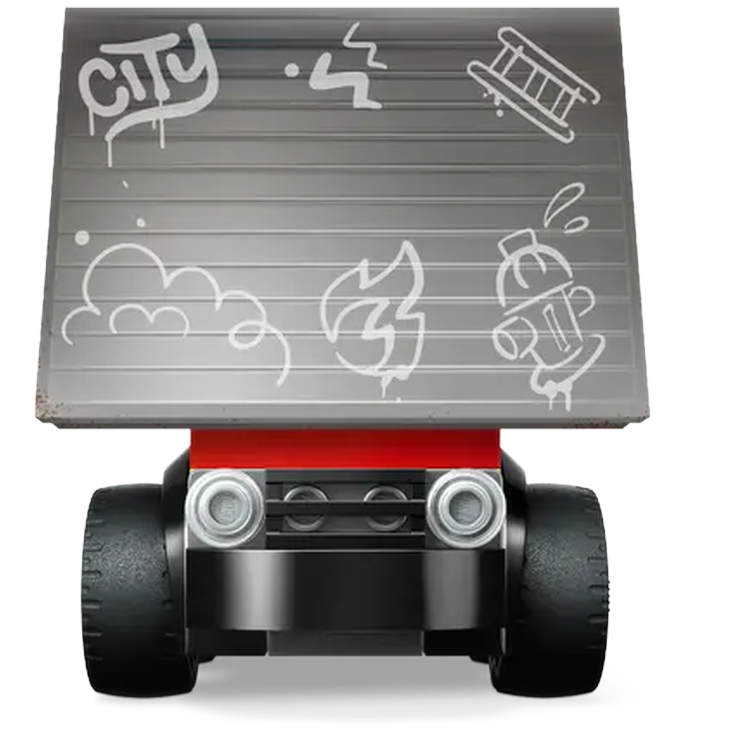 A toy car with a silver roof displaying graffiti like 'CITY', a lightning bolt, a ladder, a cloud, a flame and a fire hydrant.