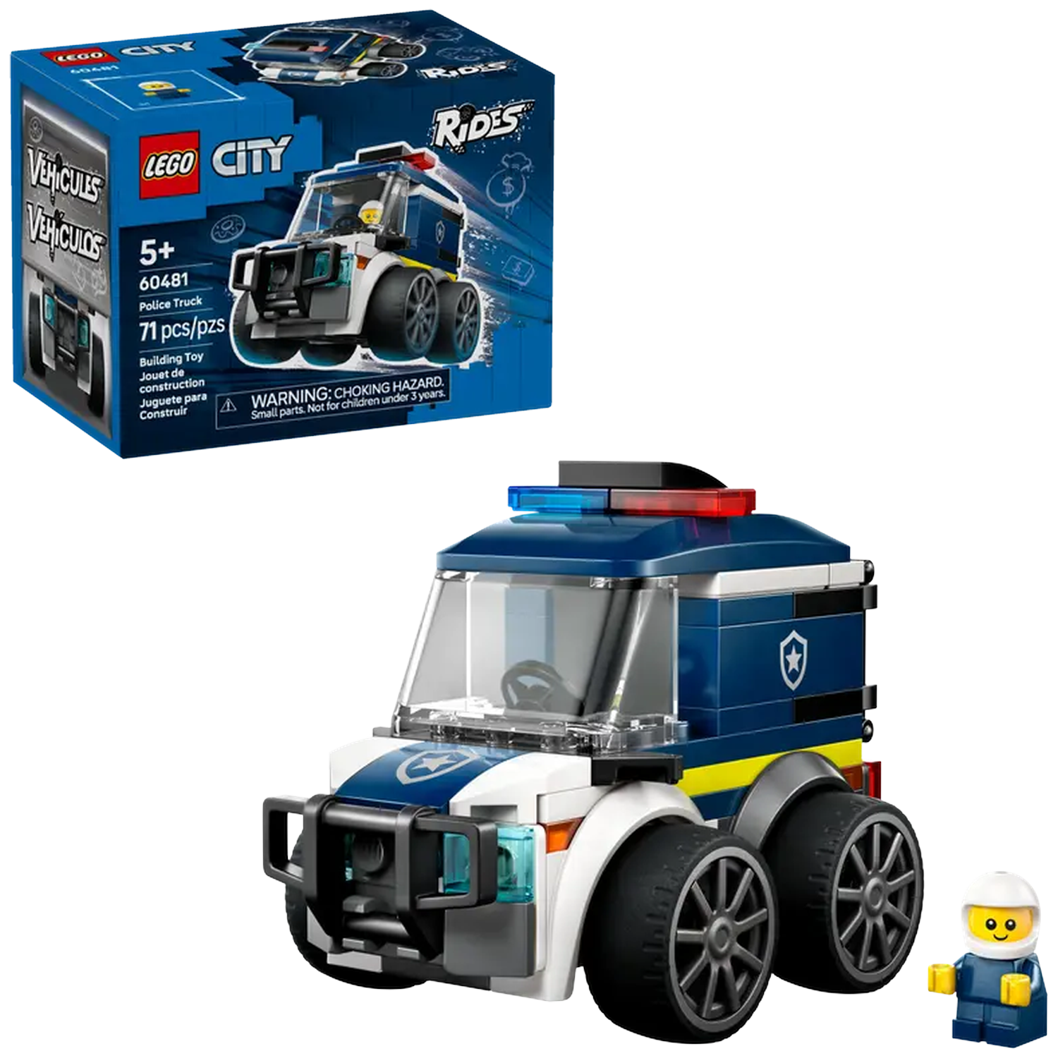 A Lego City police truck set with a box, truck, and a minifigure. The truck is blue and white with large wheels.