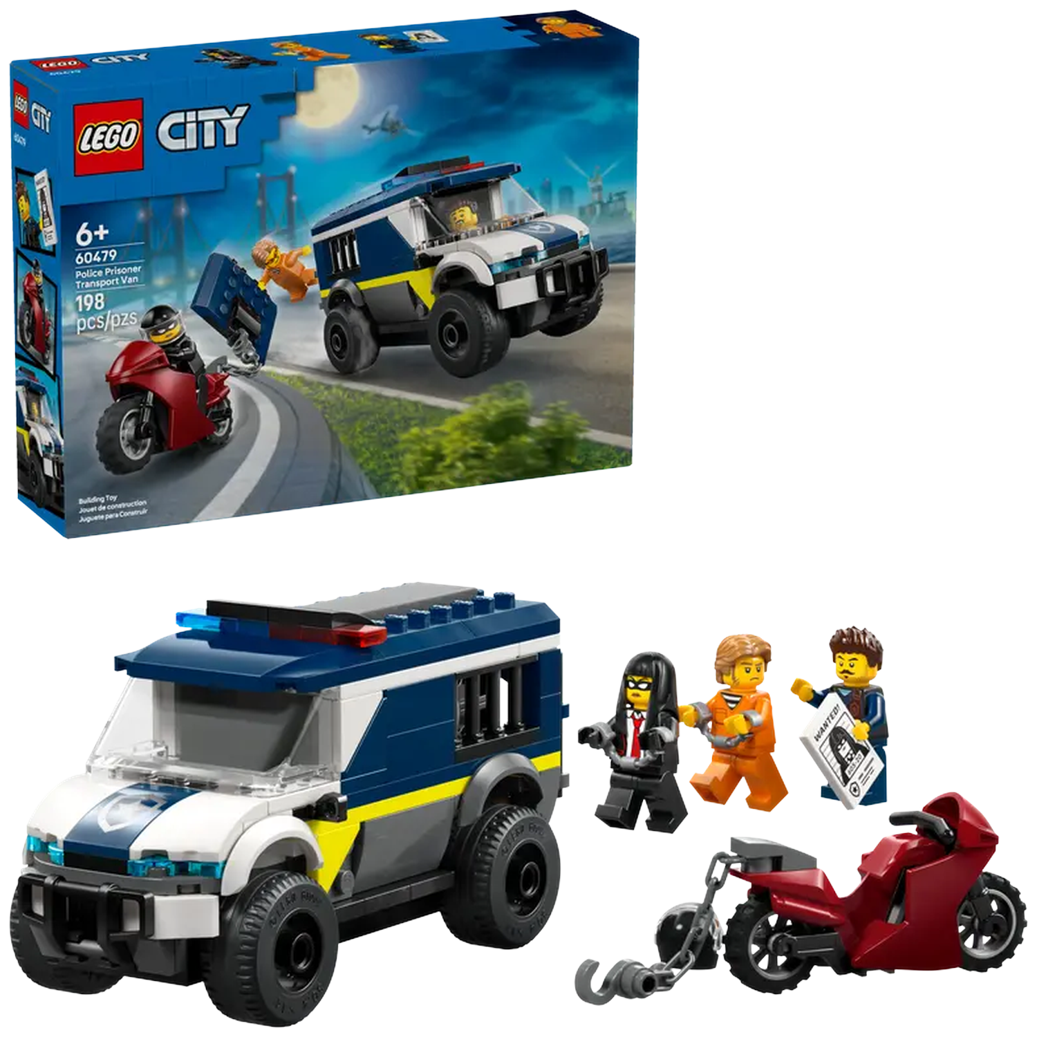 Lego City set. A police van, red motorcycle, and minifigures: police officer, prisoner, and criminal.