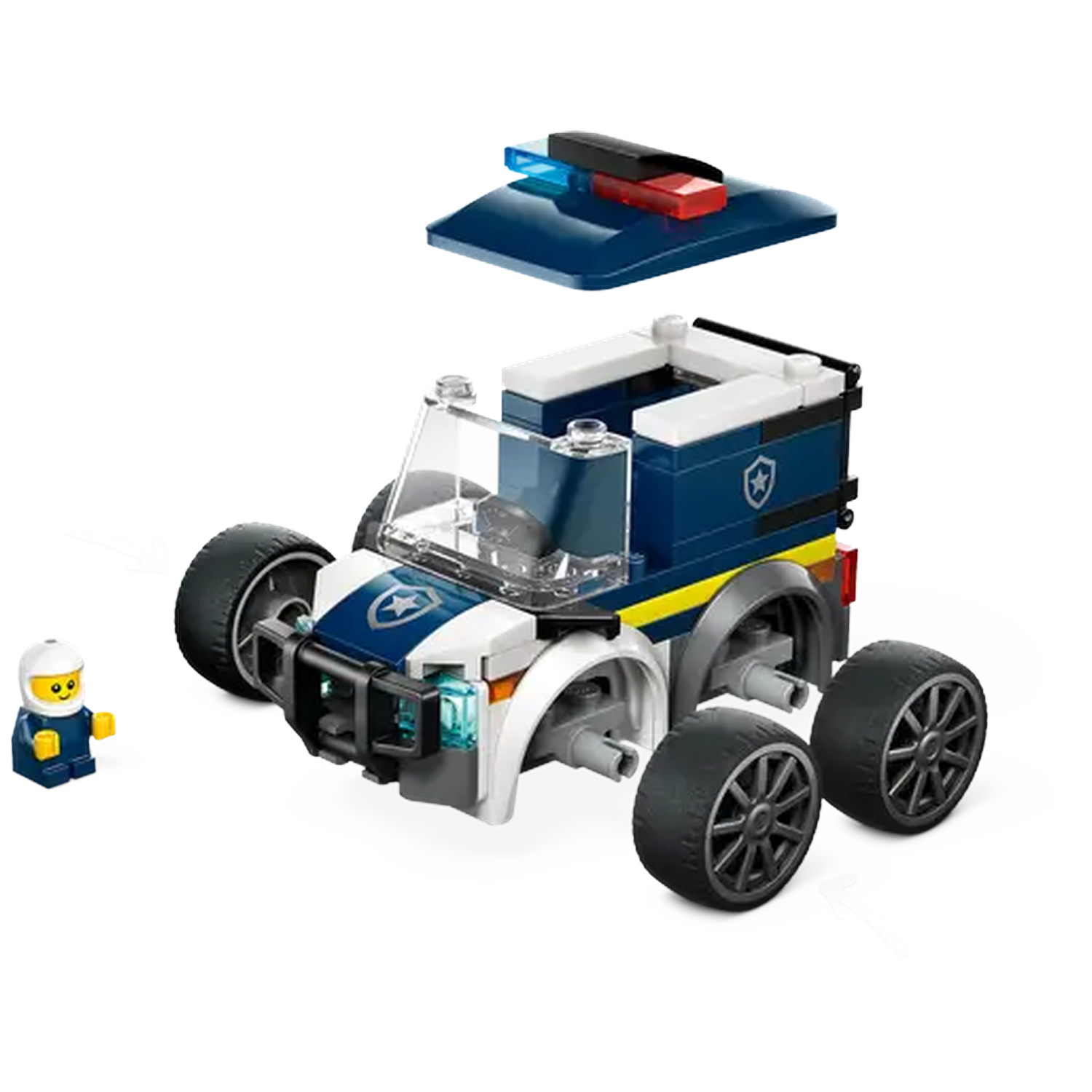 A Lego police car with a police officer minifigure. The car is blue and white with large wheels and a siren on top.