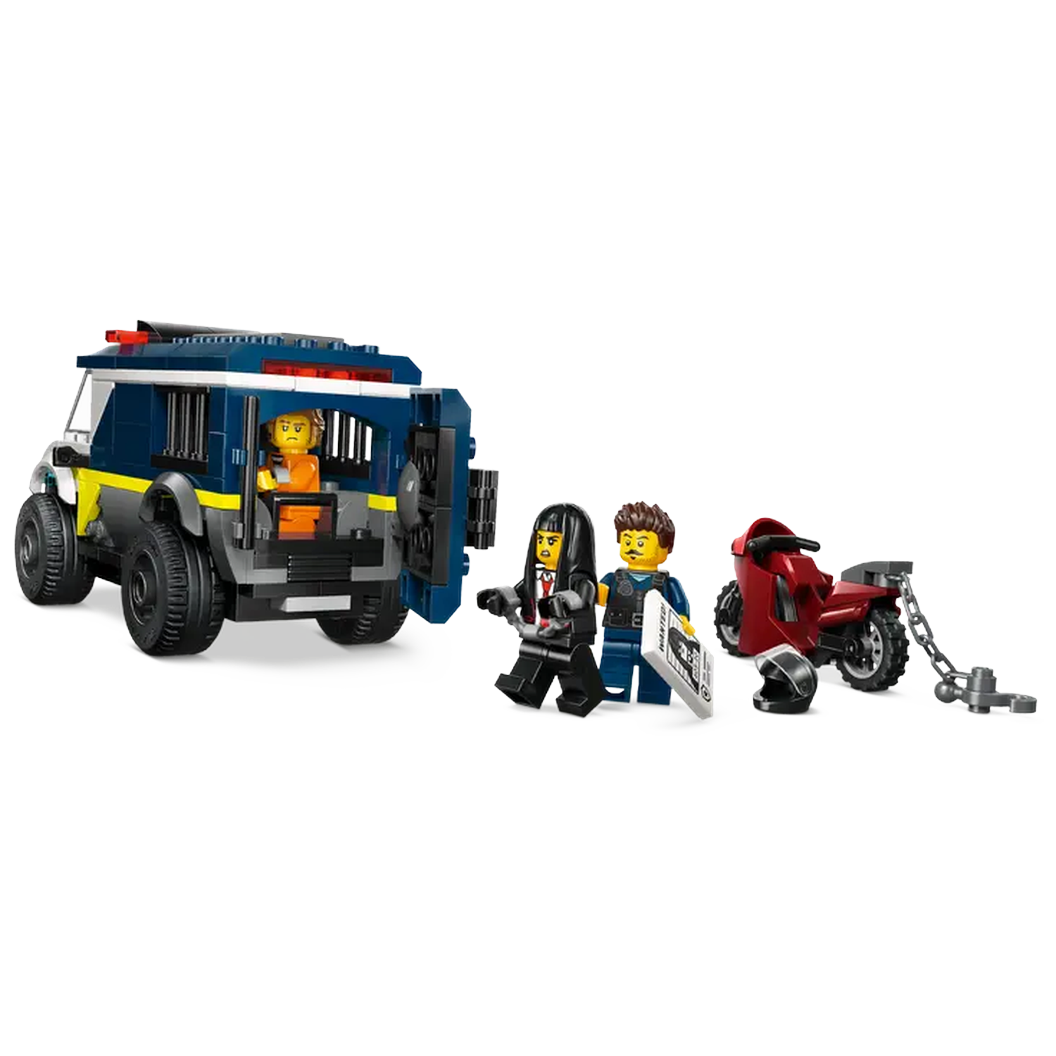 Lego police set: police van, figures, and red motorcycle. Van has a prisoner. Figures include a police officer, criminal, and another.