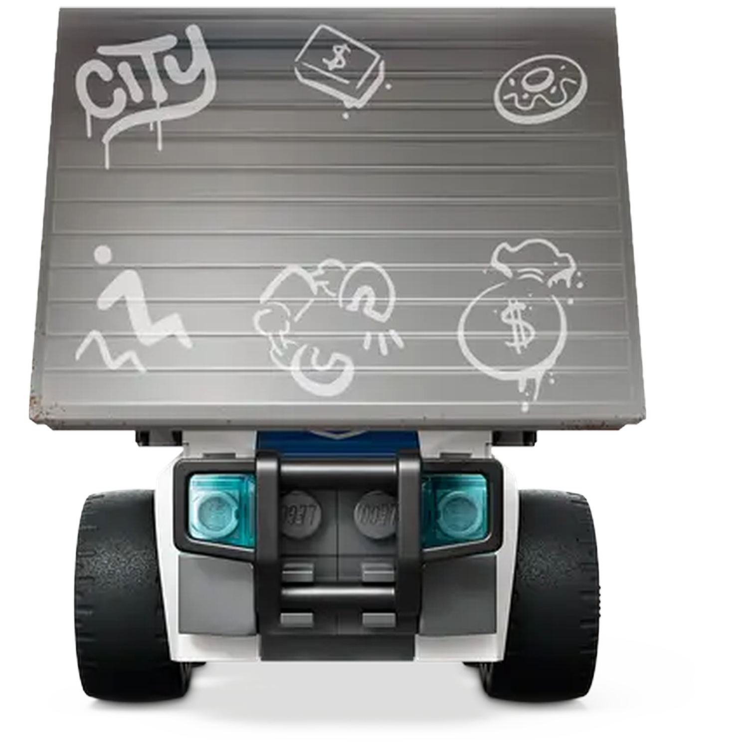 A toy truck with a gray trailer. The trailer has white graffiti art. The front of the truck is white and black. Large black tires.