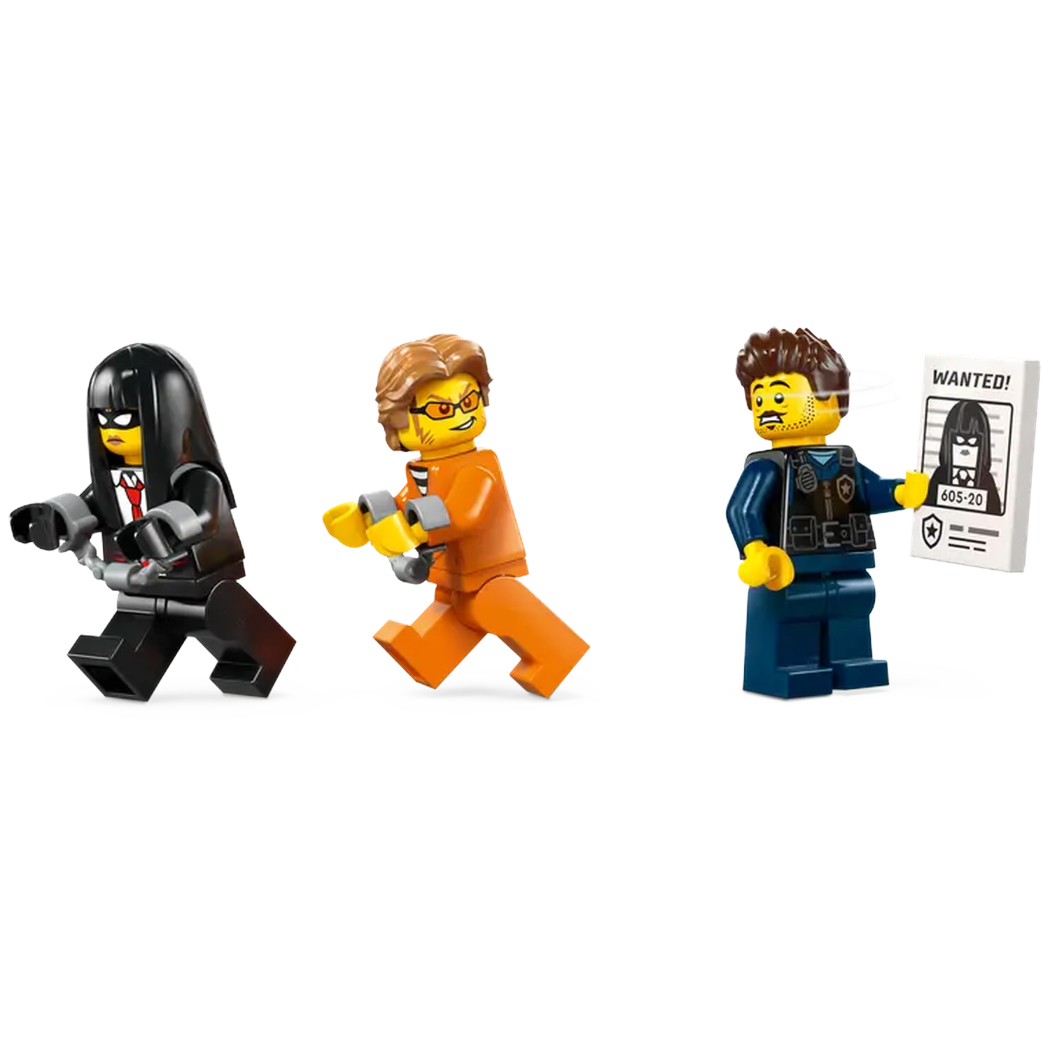 Three Lego figures: a robber with handcuffs, a prisoner with orange suit, and a police officer with a 'wanted' poster.