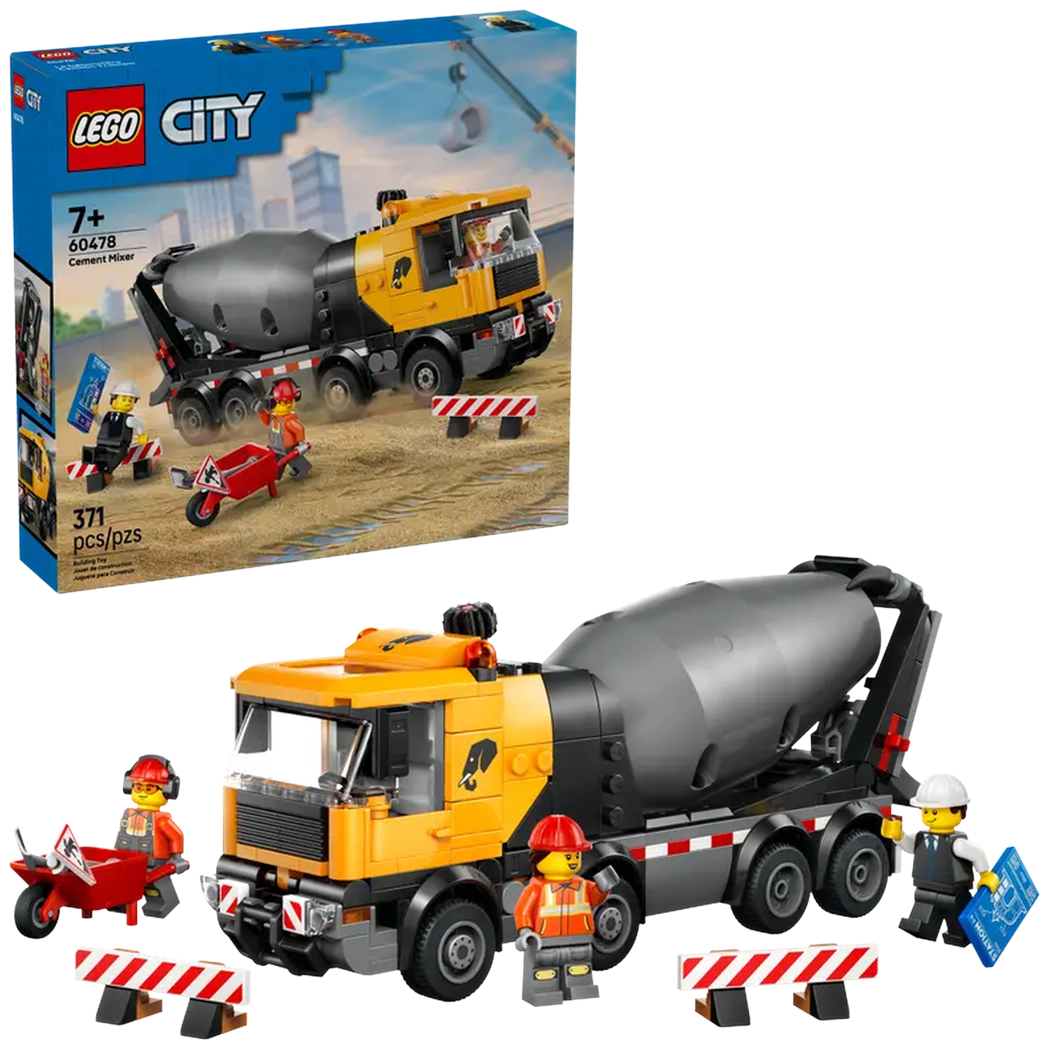 Lego City cement mixer set. Includes a yellow cement truck, construction workers, wheelbarrow, and barricades. A box is in the background.