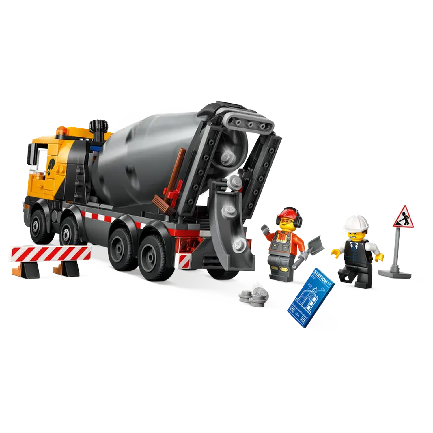 A Lego cement truck with construction workers, a warning sign, and blueprints on a white background. 