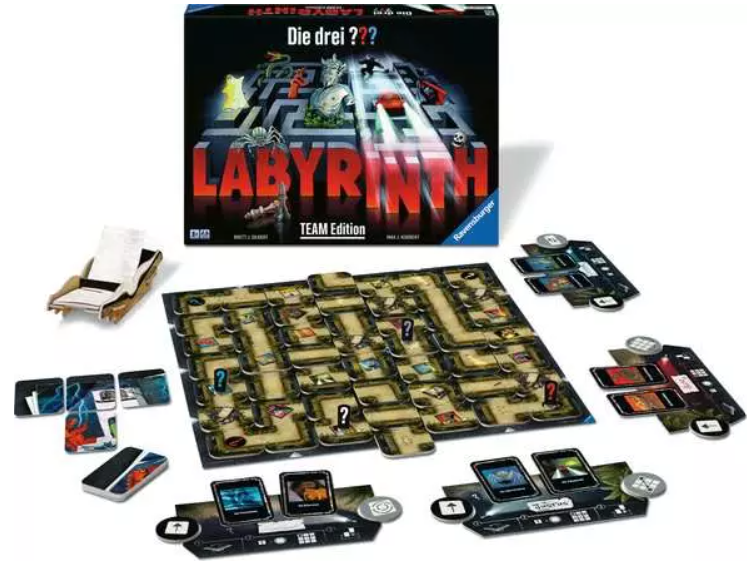 Ein Brettspiel mit dem Titel Labyrinth. Zu den Spielkomponenten gehören ein Labyrinth-Brett, Karten, Spielfiguren und die Spielbox. Die Box zeigt ein Labyrinth.