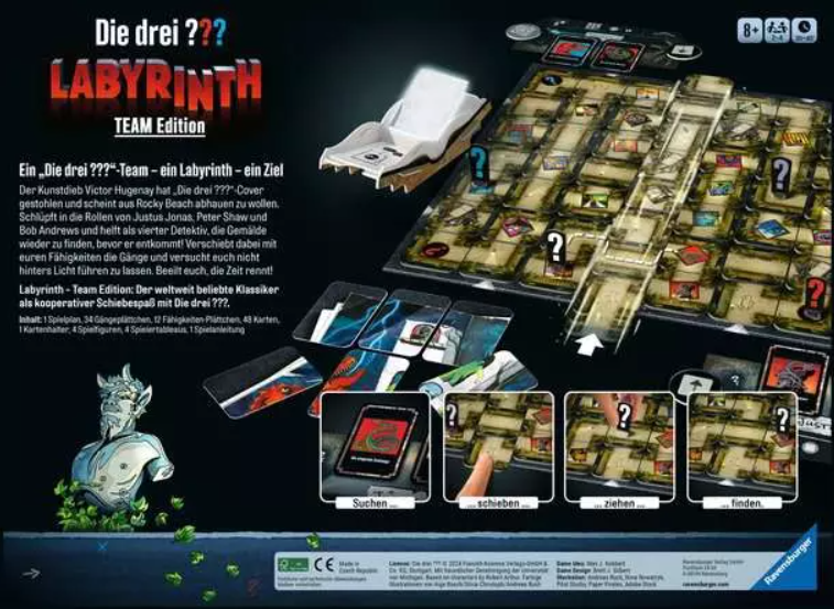 Brettspielbox mit Spielbrett, Karten und Figuren. Text auf Deutsch lautet 'Die drei ??? Labyrinth Team Edition'.