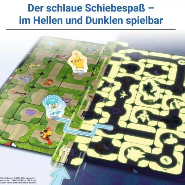 Ein Brettspiel mit zwei Hälften: ein grünes Labyrinth und ein leuchtendes gelbes Labyrinth. Pokémon-Charaktere befinden sich auf der grünen Seite.