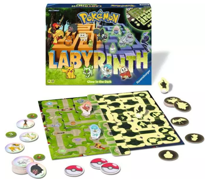 Pokémon Labyrinth Brettspiel. Enthält Brett, Karten, Spielsteine und Schachtel mit Pokémon-Charakteren und einem Labyrinth-Design.