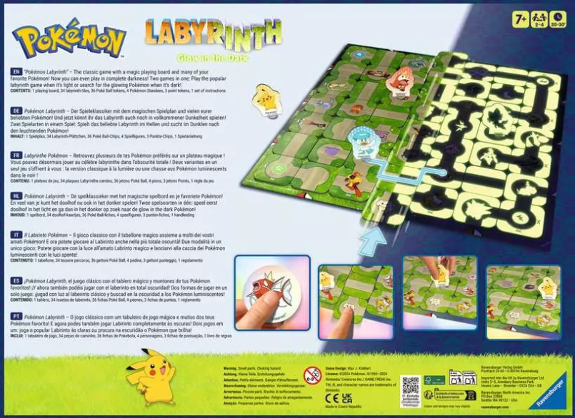 Die Pokémon Labyrinth-Spielbox. Sie zeigt das Spielbrett mit Leuchteffekten und Pokémon-Charakteren.