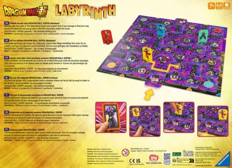 Dragon Ball Super Labyrinth-Brettspiel. Lila Spielbrett, Charakterkarten und Spielfiguren auf gelbem Hintergrund.