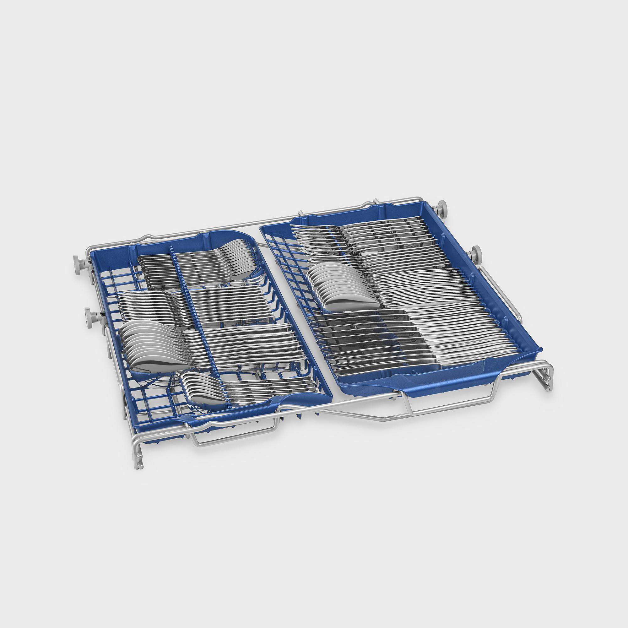 Besteckablage für Geschirrspüler mit Silberbesteck. Blaue Ablage mit silbernen Utensilien.