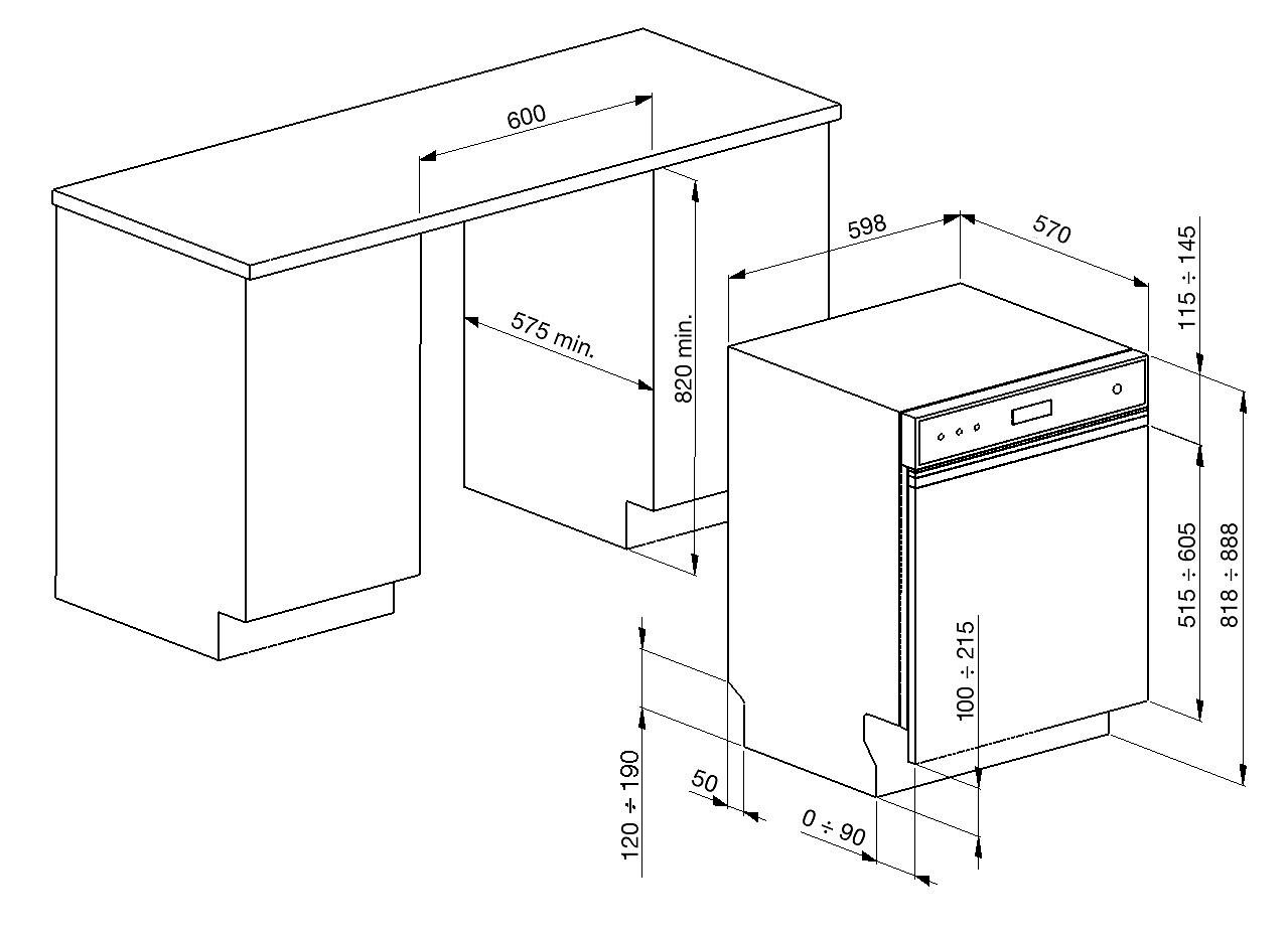 Diagramm einer Spülmaschine mit Abmessungen in Millimetern. Es zeigt einen Schrank und eine Spülmaschine. Zahlen zeigen Größen.