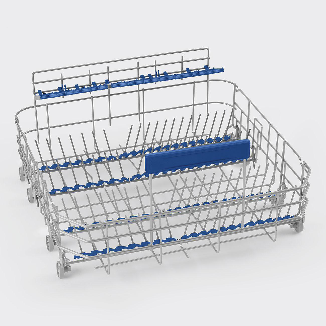 Geschirrspülerkorb. Grauer Metallrahmen mit blauen Kunststoffelementen. Merkmale sind Zinken und ein oberer Rahmen mit blauen Halterungen.