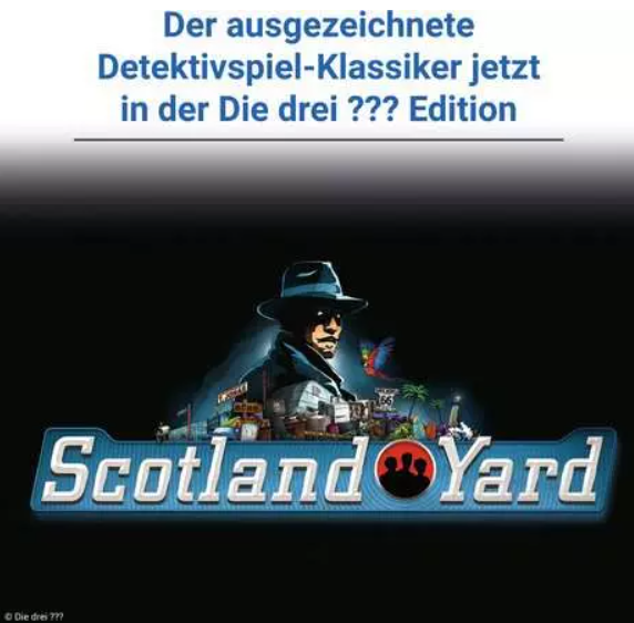 Das Bild zeigt einen Detektiv mit Hut, das Scotland Yard-Logo und Text auf Deutsch. Der Hintergrund ist dunkelblau.
